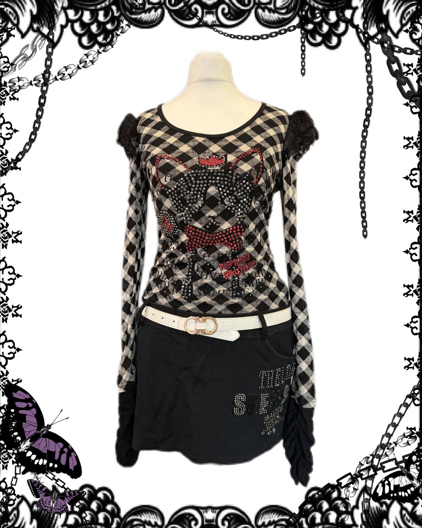 Rhinestone Puppy Print Plaid Long-Sleeves Dress with Belt