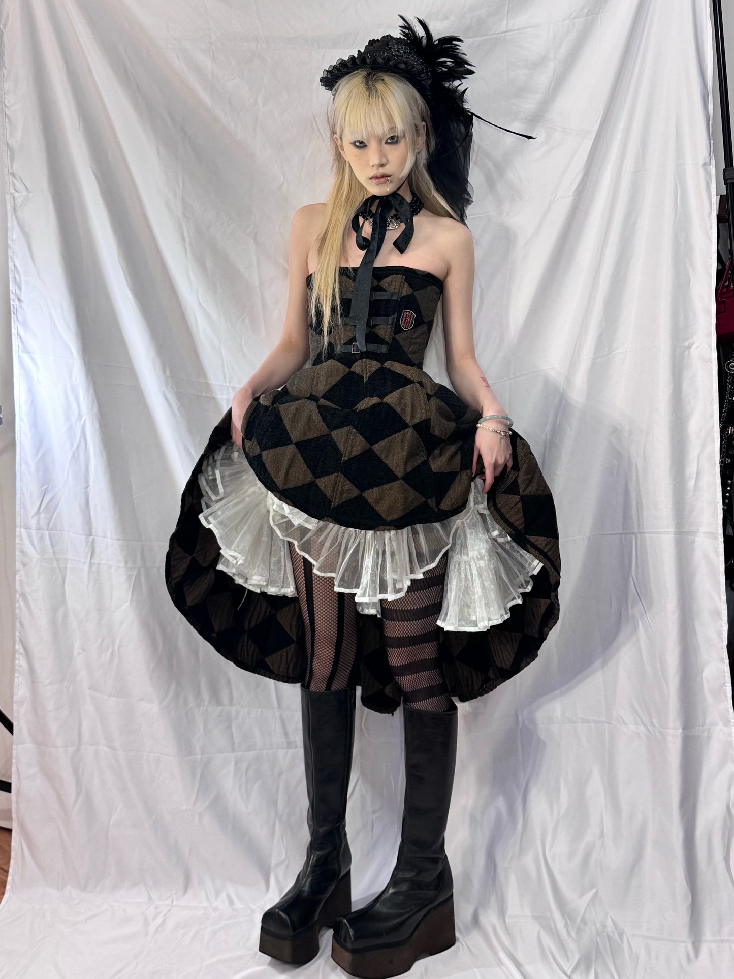 Dangerous Nude Checkboard Print Corset Dress