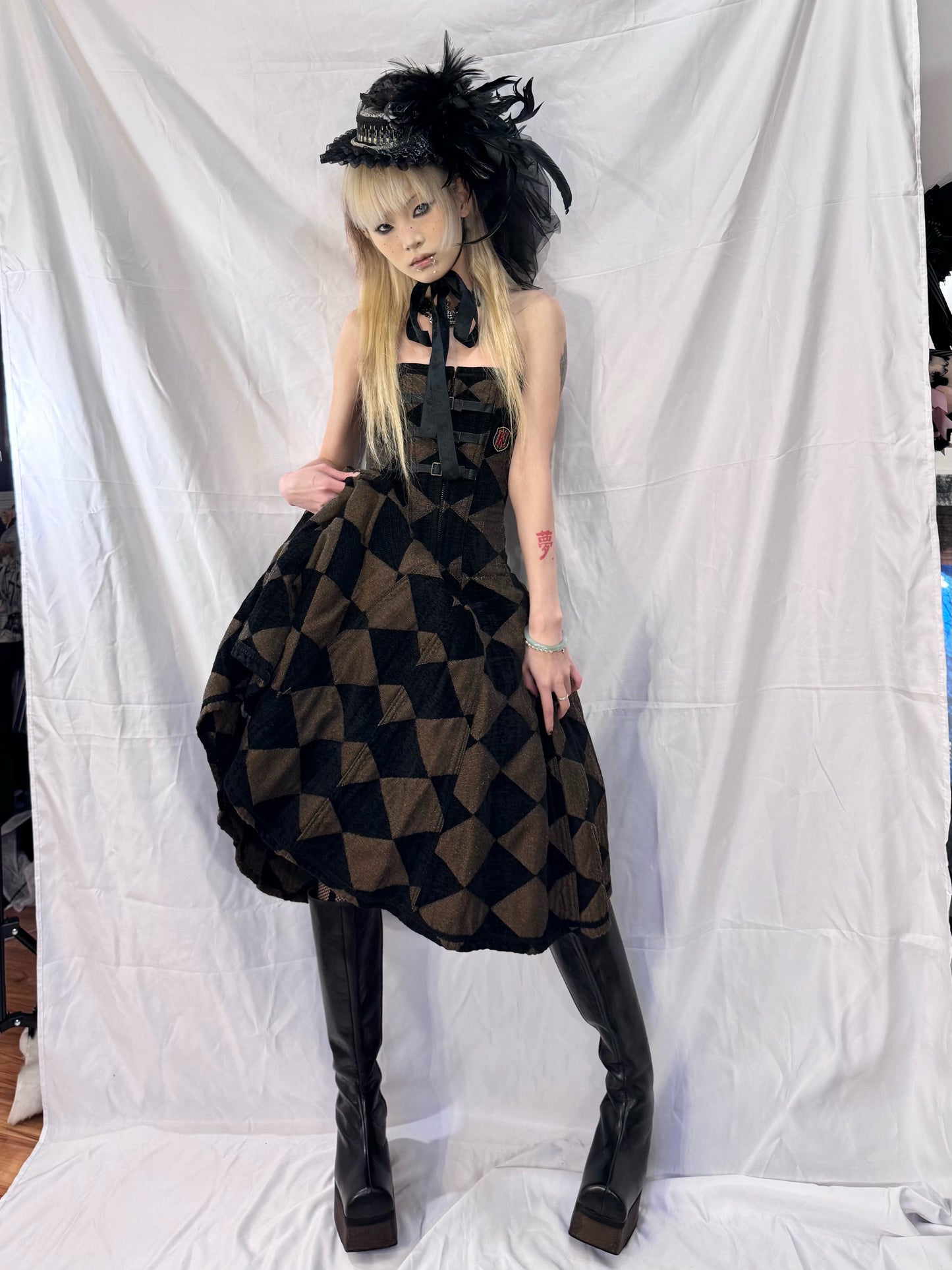 Dangerous Nude Checkboard Print Corset Dress