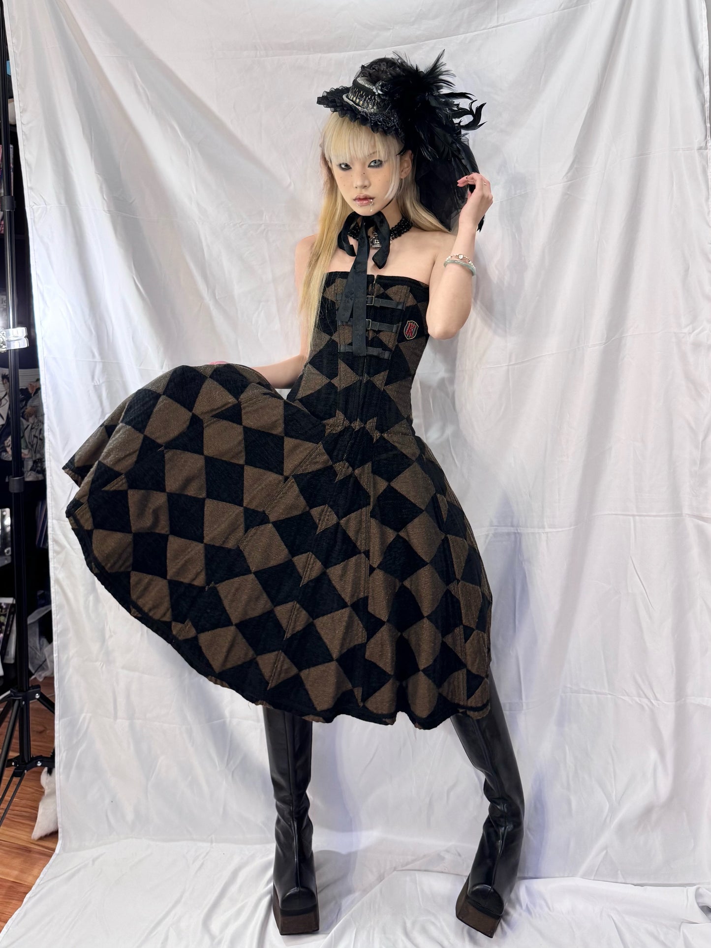 Dangerous Nude Checkboard Print Corset Dress