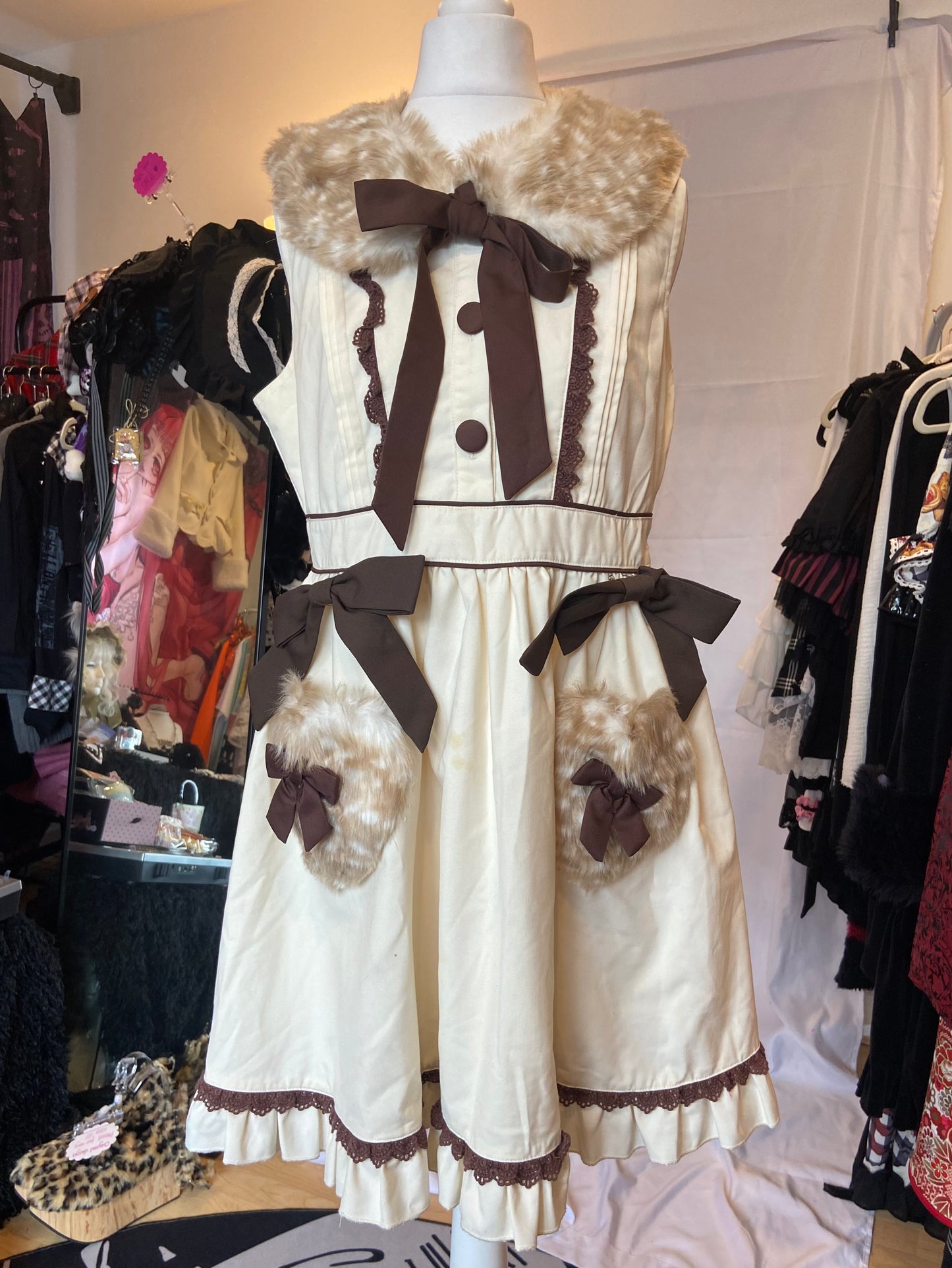 To Alice Deer Print Fur Ruffle Tank Top Dress