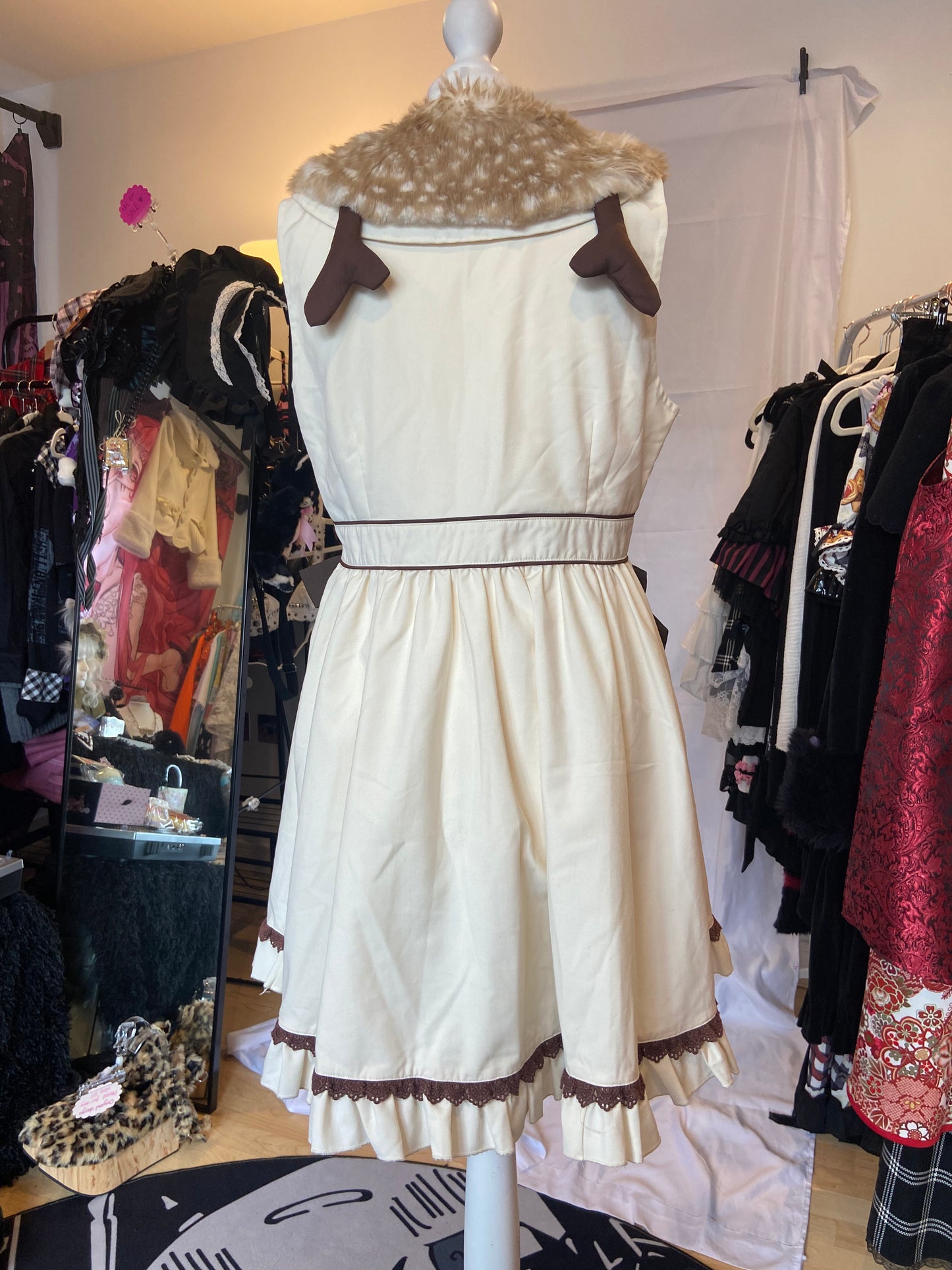 To Alice Deer Print Fur Ruffle Tank Top Dress