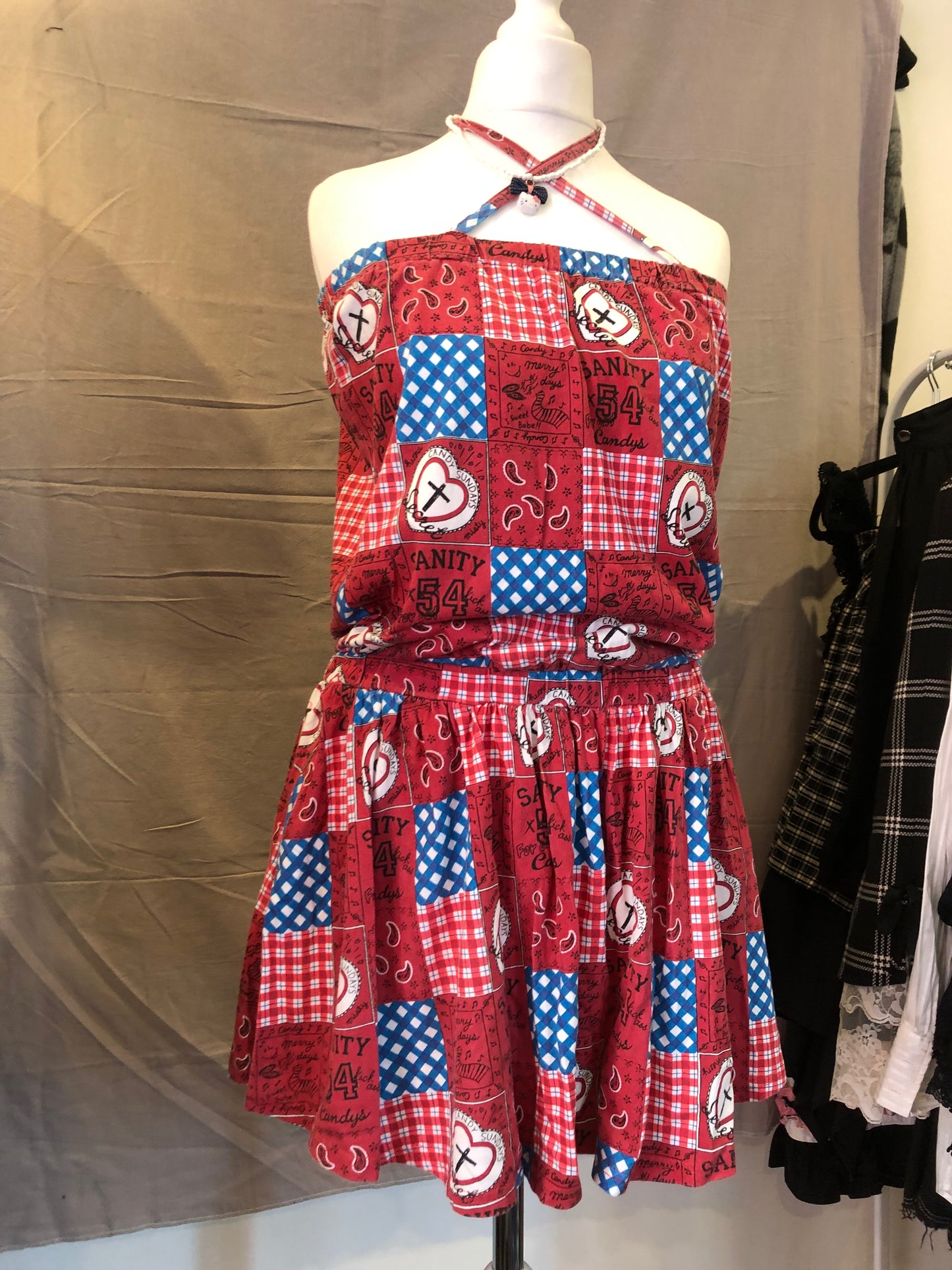Red Tile Print Halter Top Dress