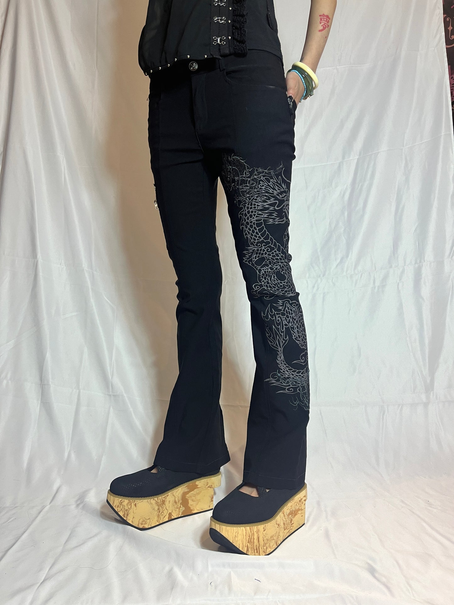 OZZ Croce Dragon Print Black Pants