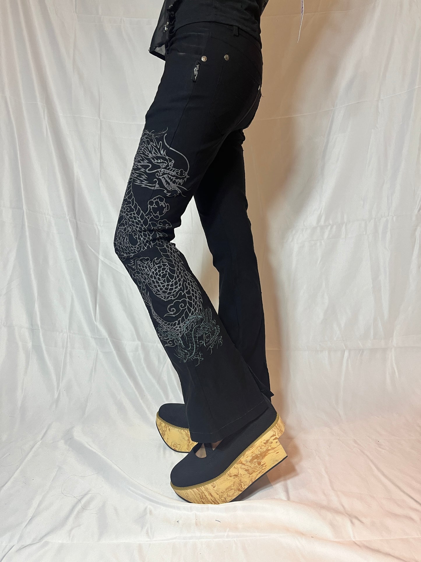 OZZ Croce Dragon Print Black Pants