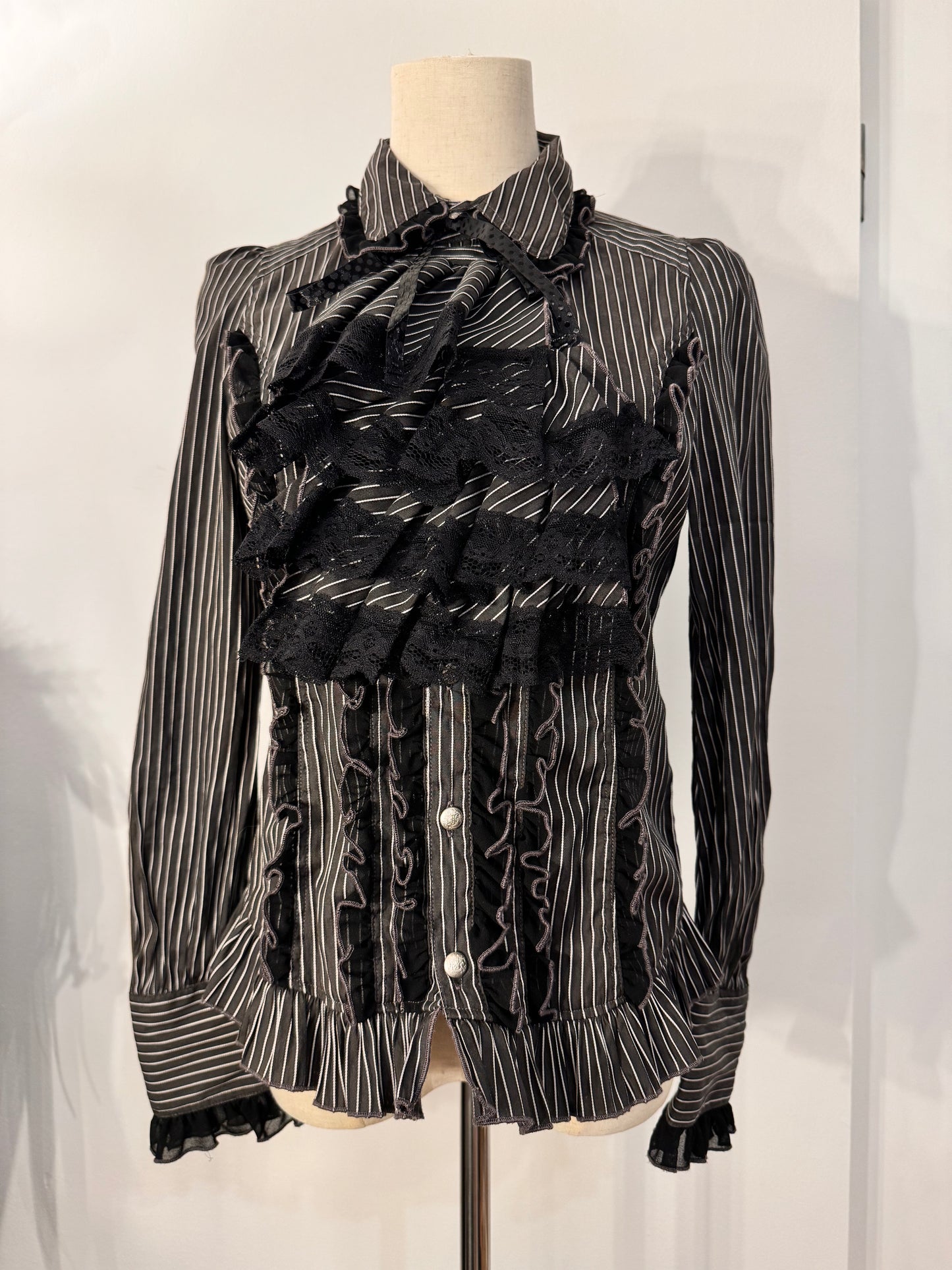 Algonquins Ruffle Bib Stripe Button-Up Shirt