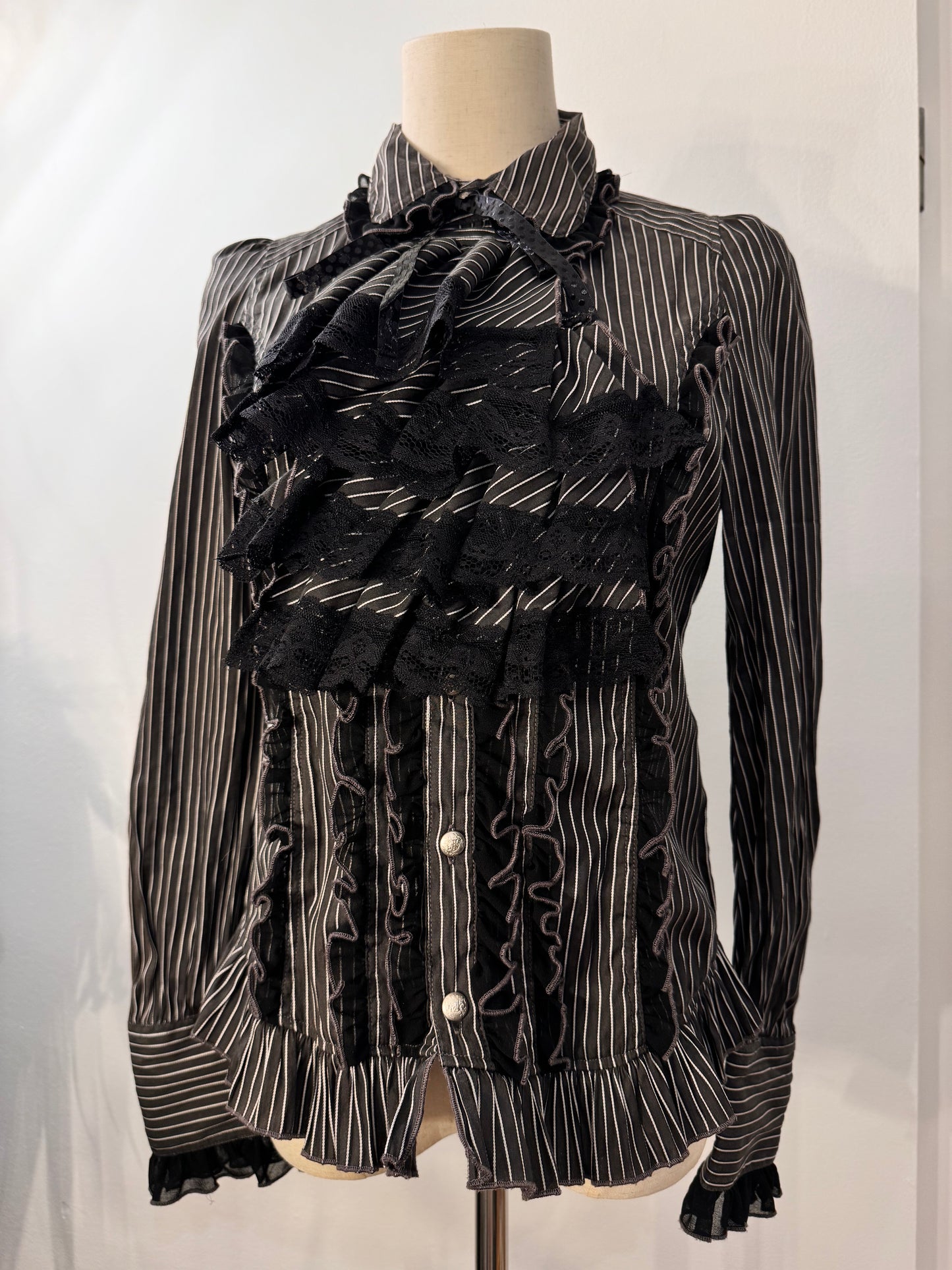 Algonquins Ruffle Bib Stripe Button-Up Shirt