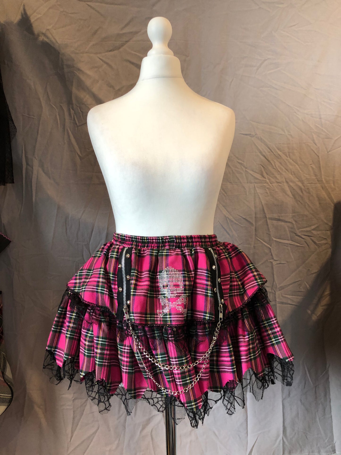 ACDC RAG Skull Print Plaid Mesh Skirt