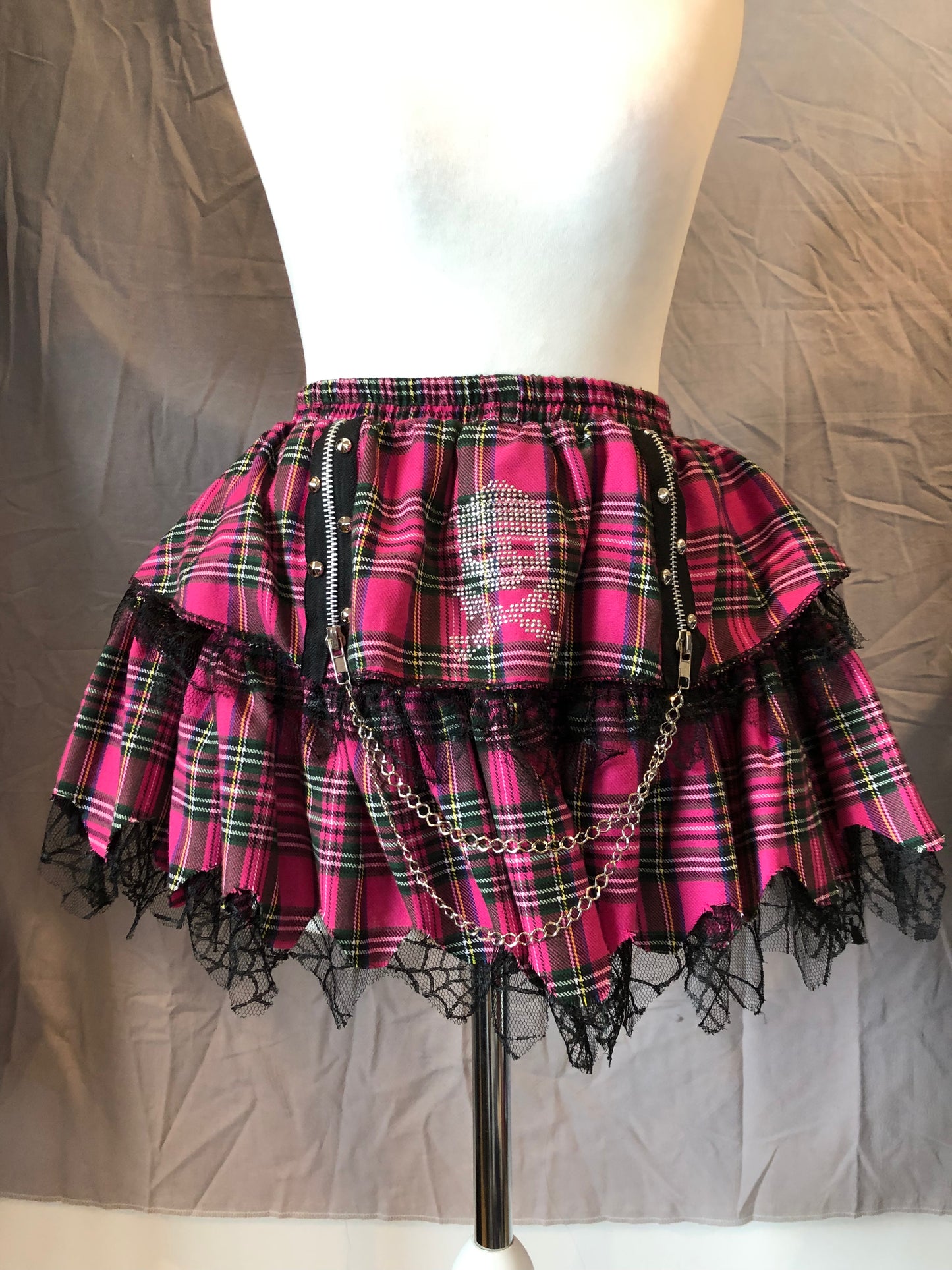 ACDC RAG Skull Print Plaid Mesh Skirt