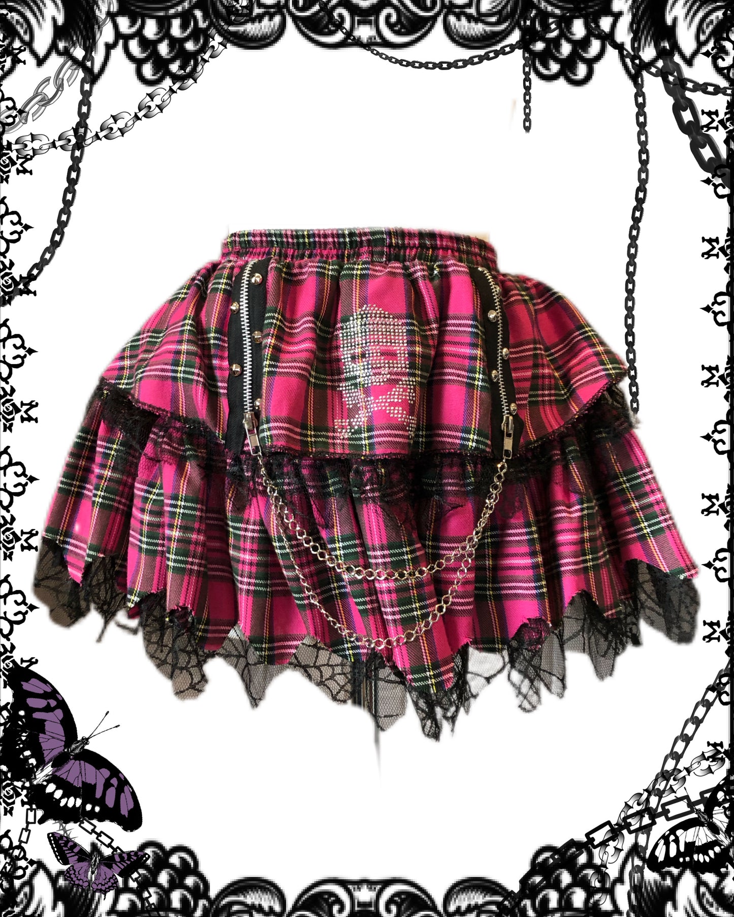 ACDC RAG Skull Print Plaid Mesh Skirt