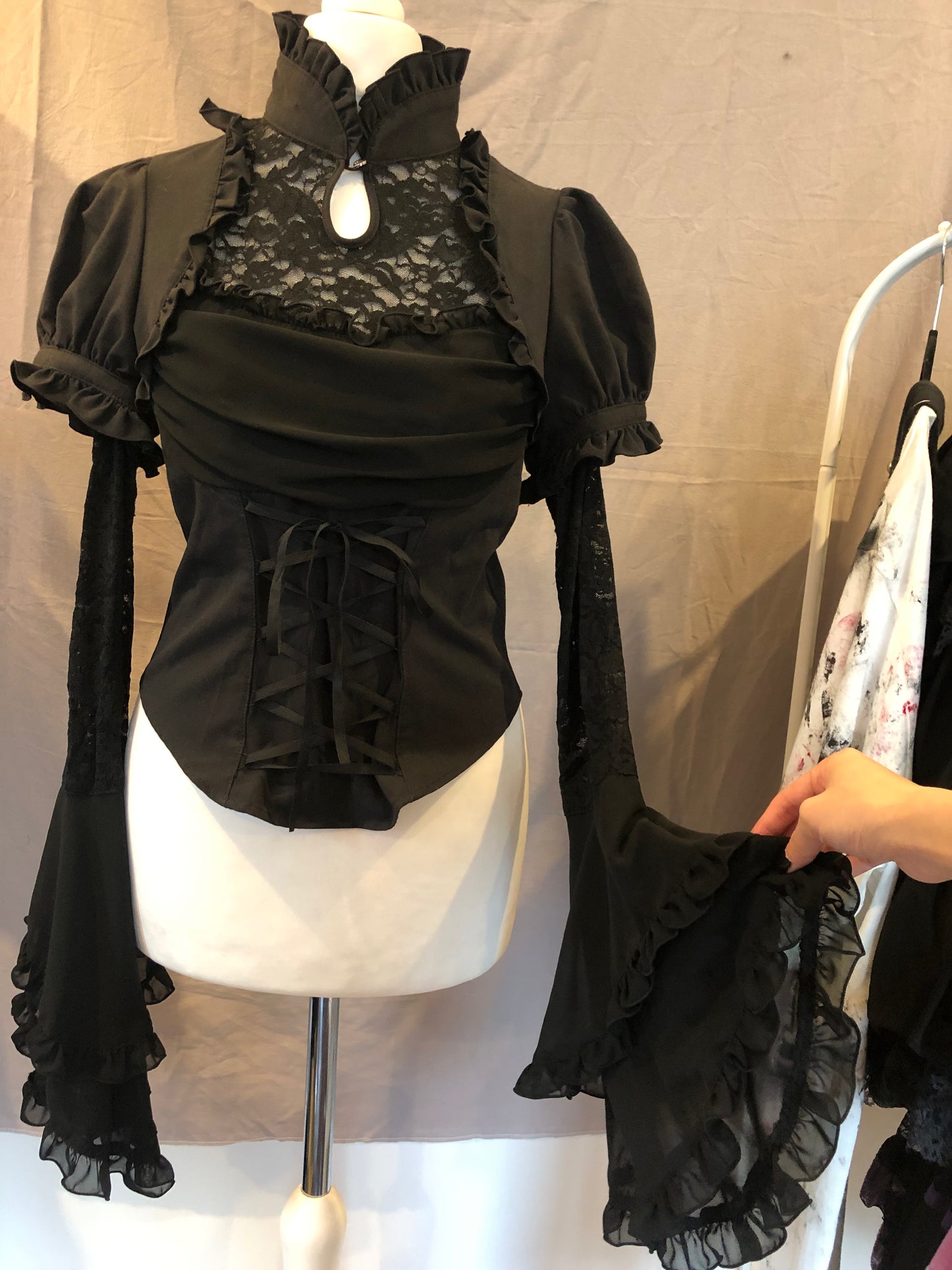 Black Peace Now Qipao-Collar Hime-Sleeves Lace-Up Top