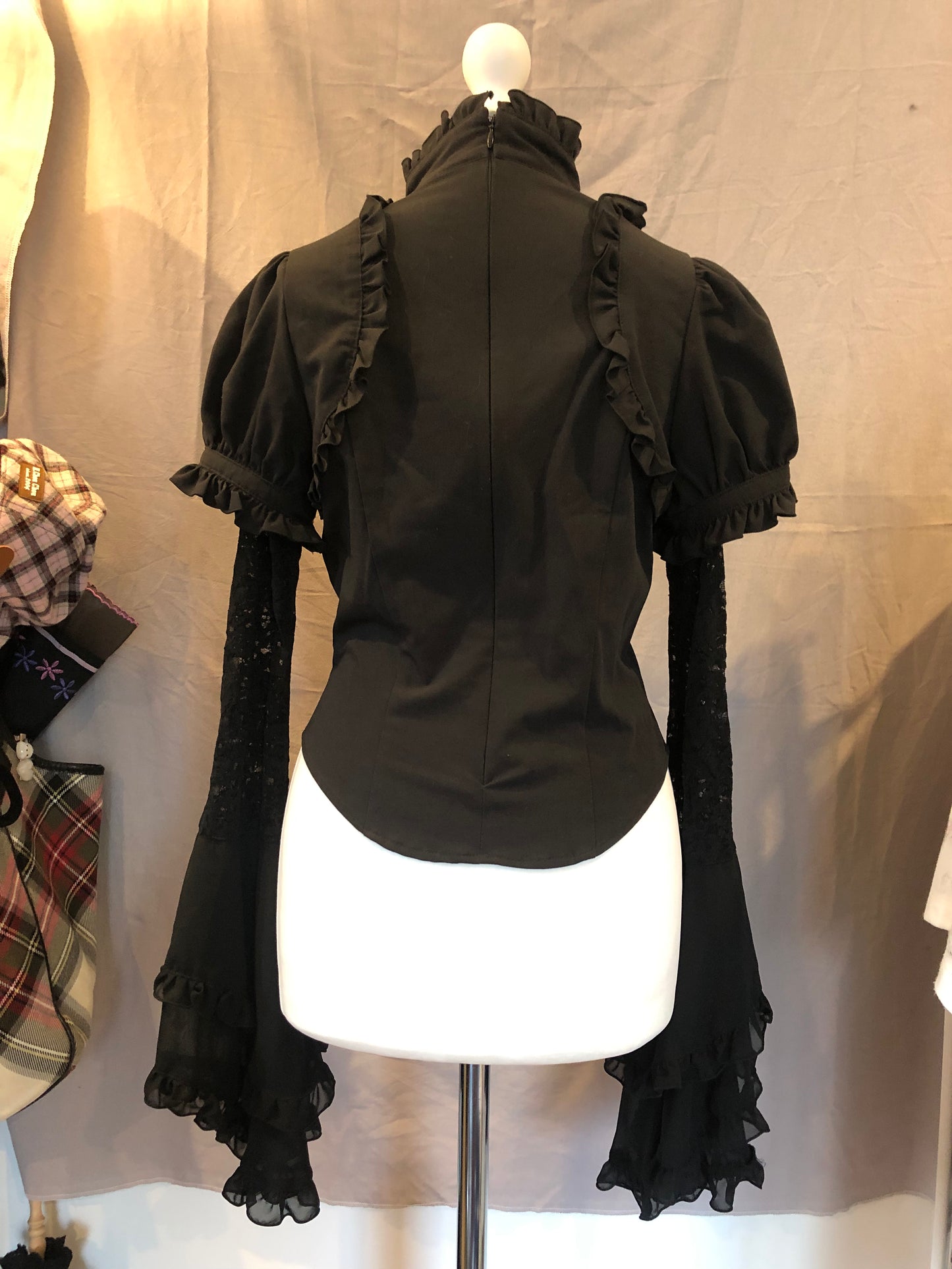 Black Peace Now Qipao-Collar Hime-Sleeves Lace-Up Top