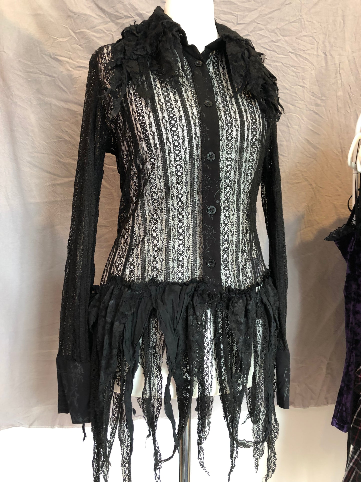 h.Naoto Frill Mesh Button Up