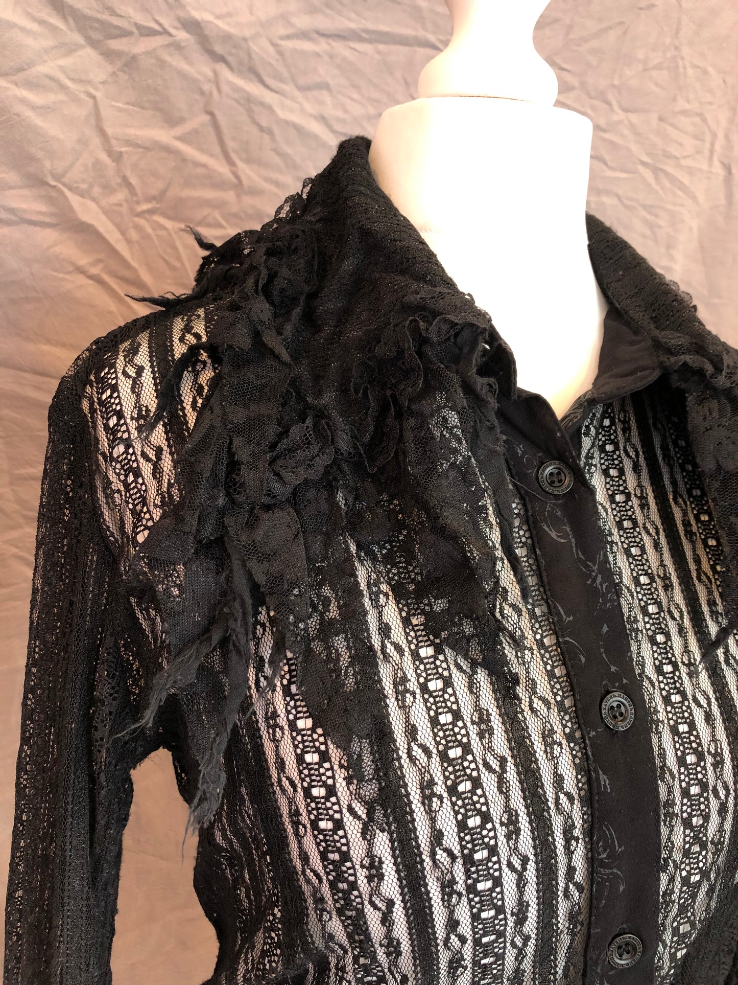h.Naoto Frill Mesh Button Up