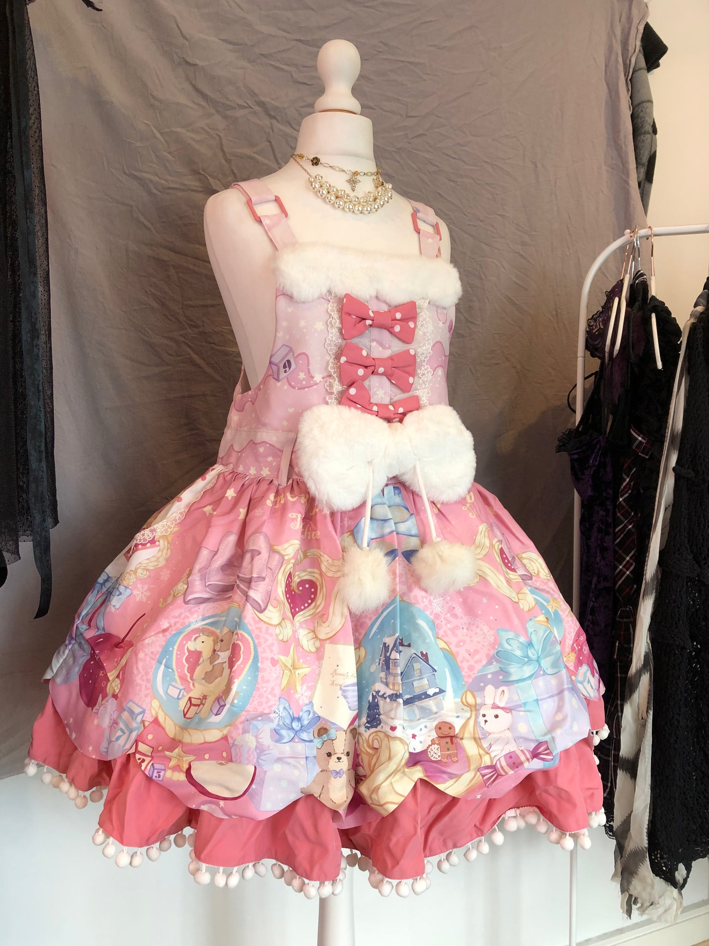 To Alice Crystal Ball Print Fur Bow JSK