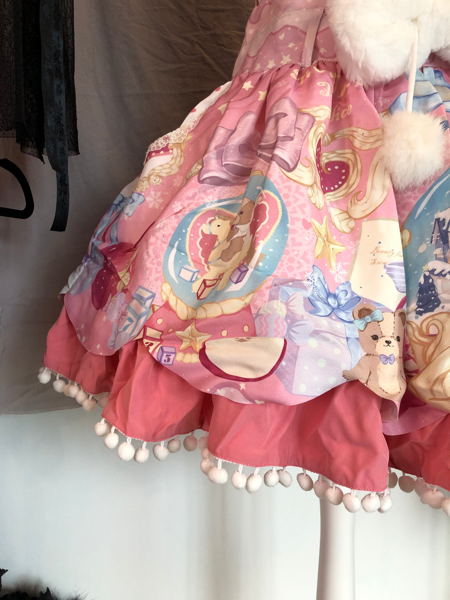 To Alice Crystal Ball Print Fur Bow JSK