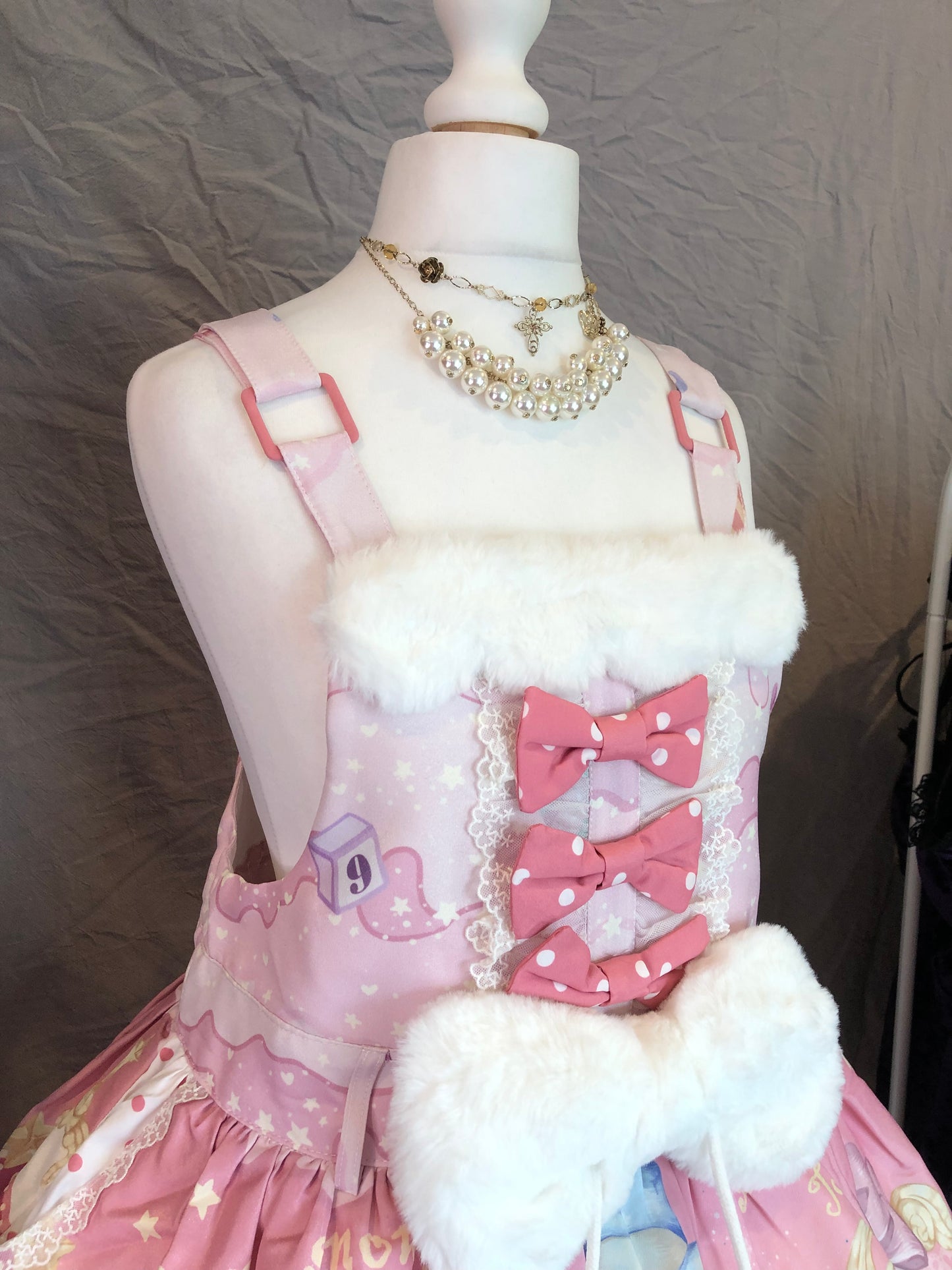 To Alice Crystal Ball Print Fur Bow JSK