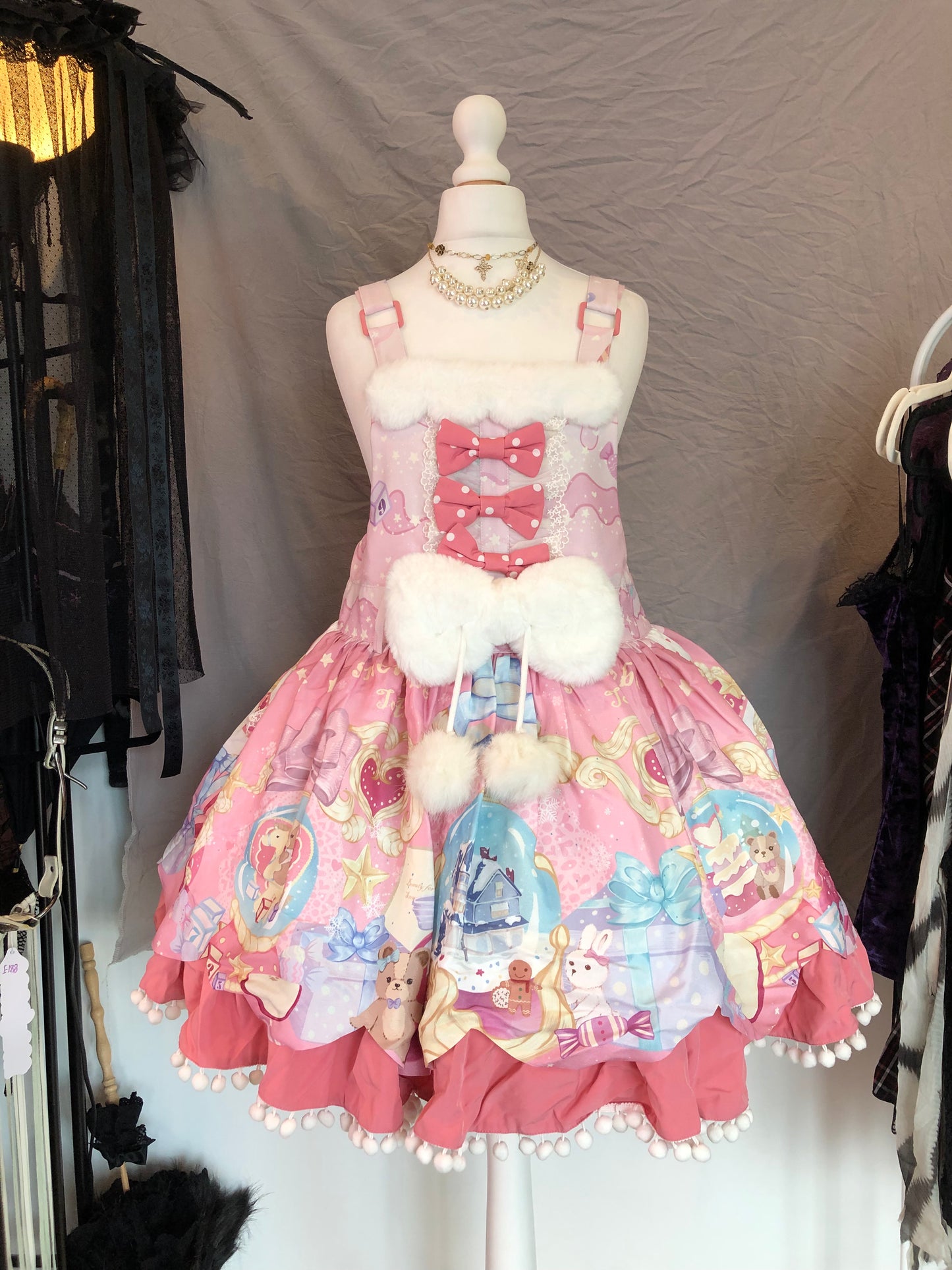 To Alice Crystal Ball Print Fur Bow JSK