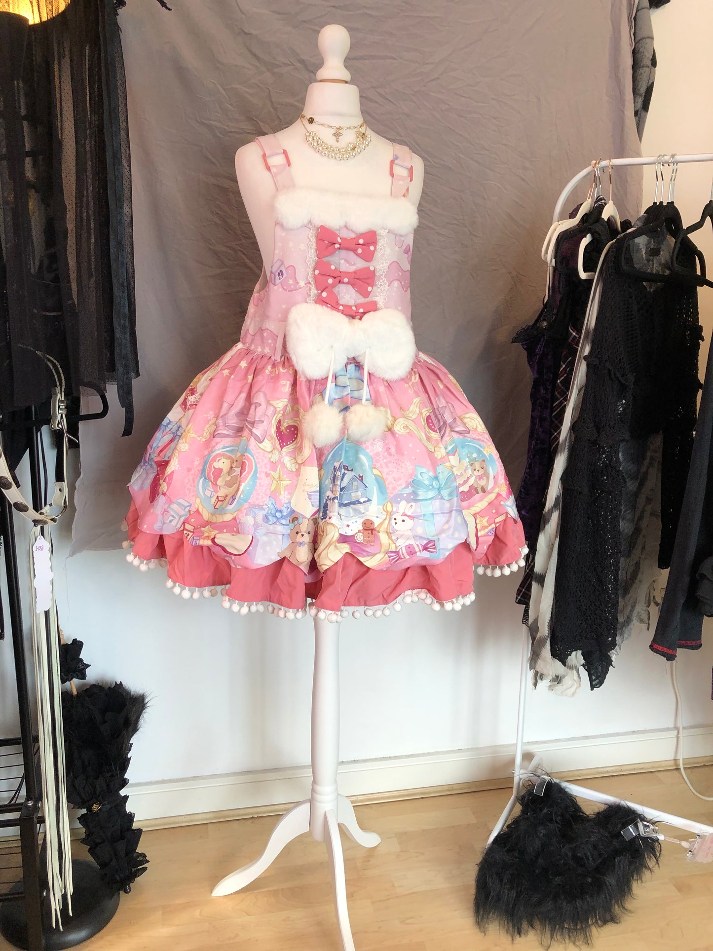 To Alice Crystal Ball Print Fur Bow JSK