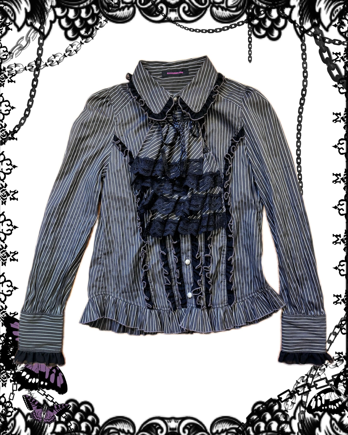 Algonquins Ruffle Bib Stripe Button-Up Shirt