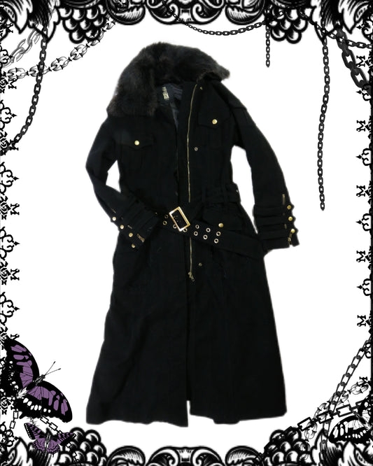 Black Peace Now Fur Collar Buckle Dress Coat