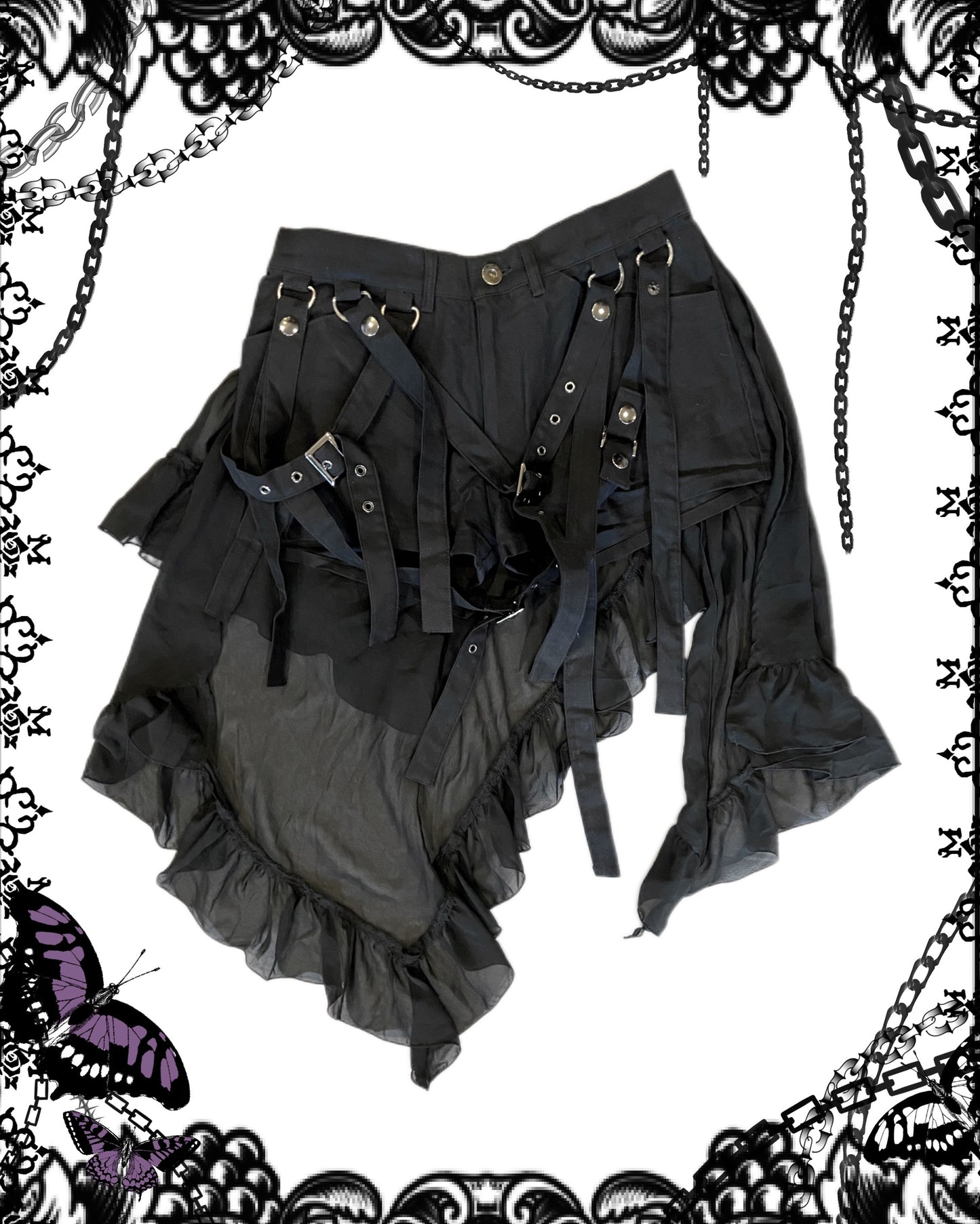 Black Peace Now Multi-Layers Strap and Mesh Skirt Shorts
