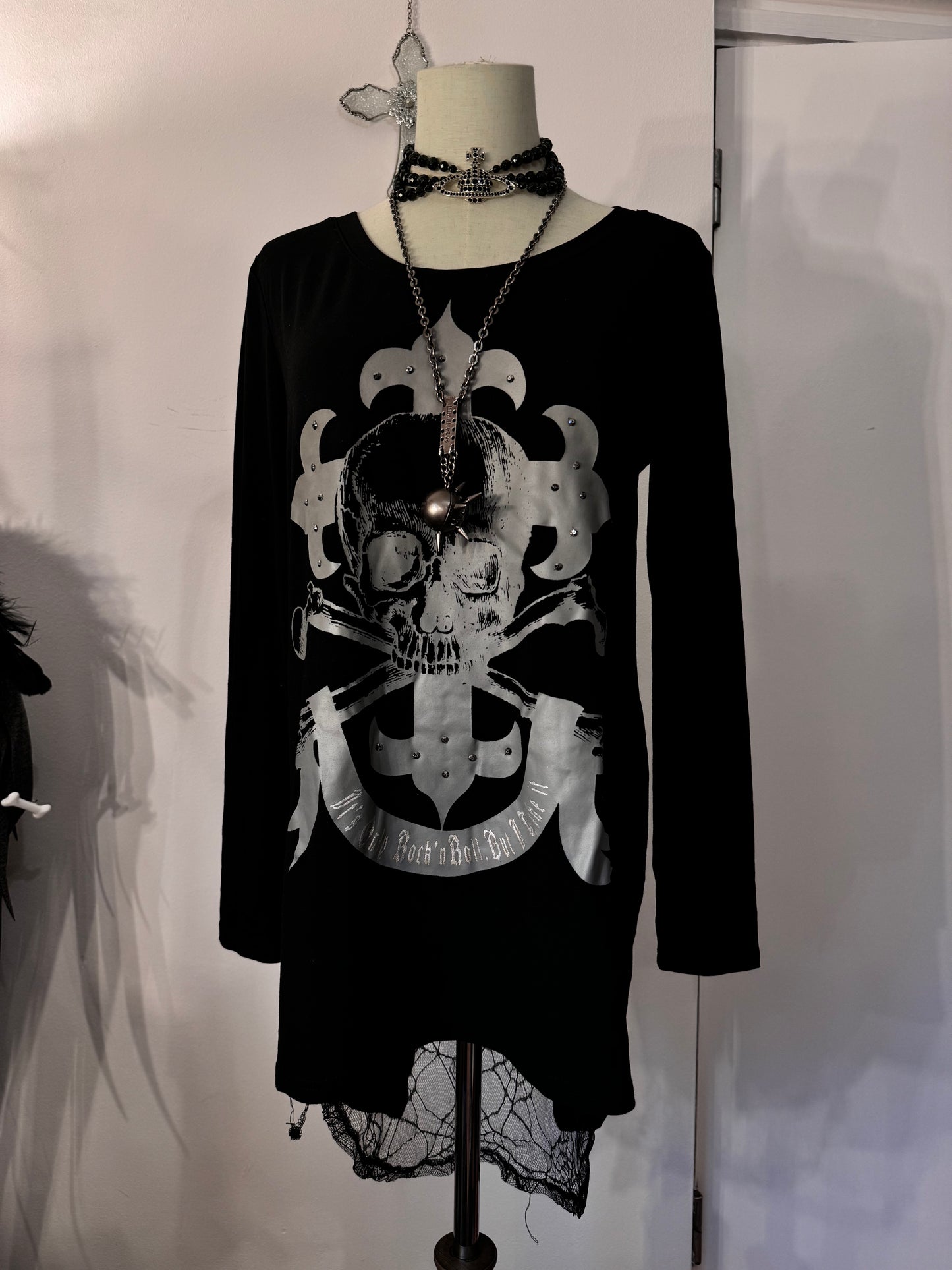 Glavil Double-Layers Skull Print Spider-Web Mesh Top