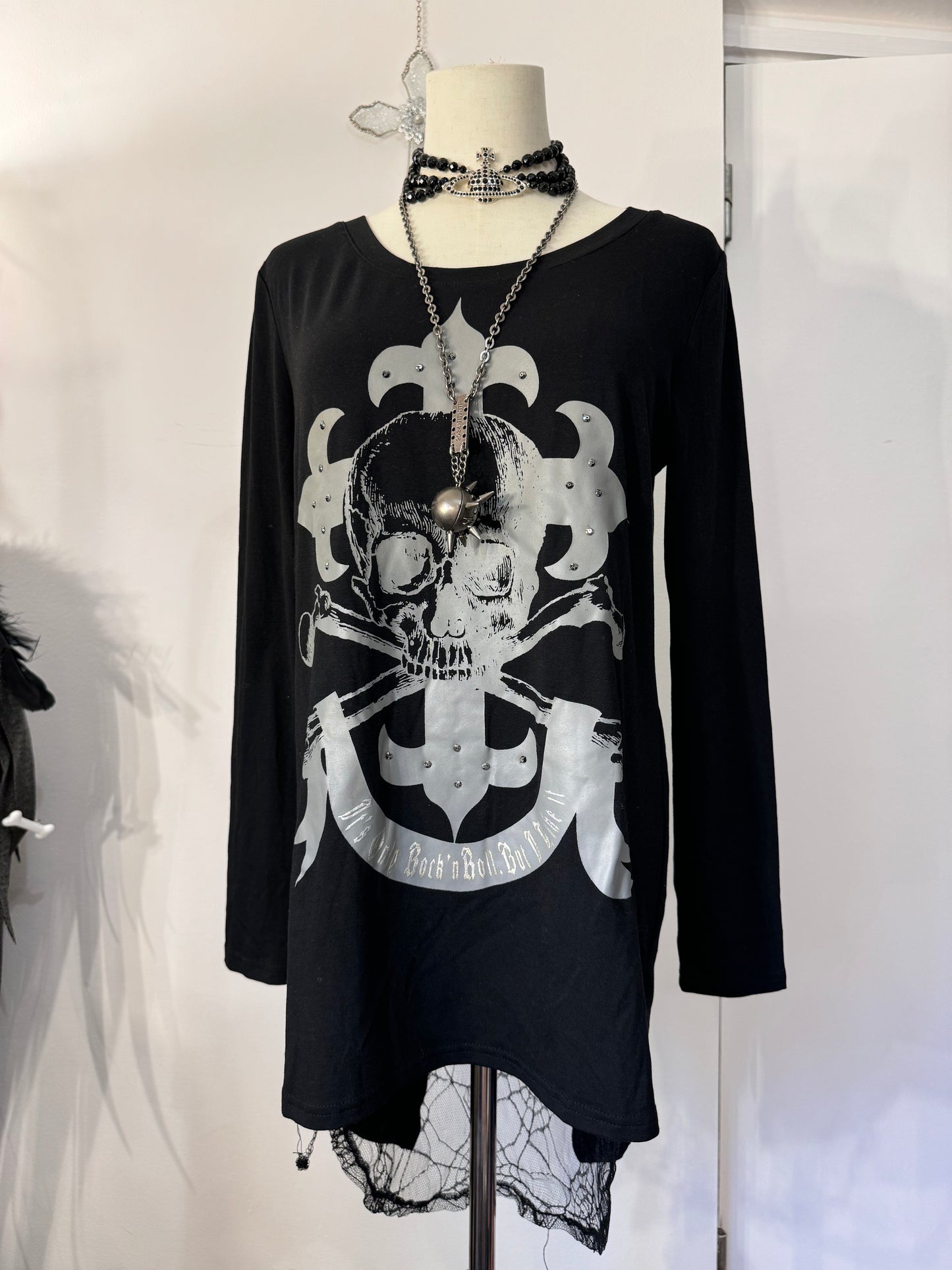 Glavil Double-Layers Skull Print Spider-Web Mesh Top