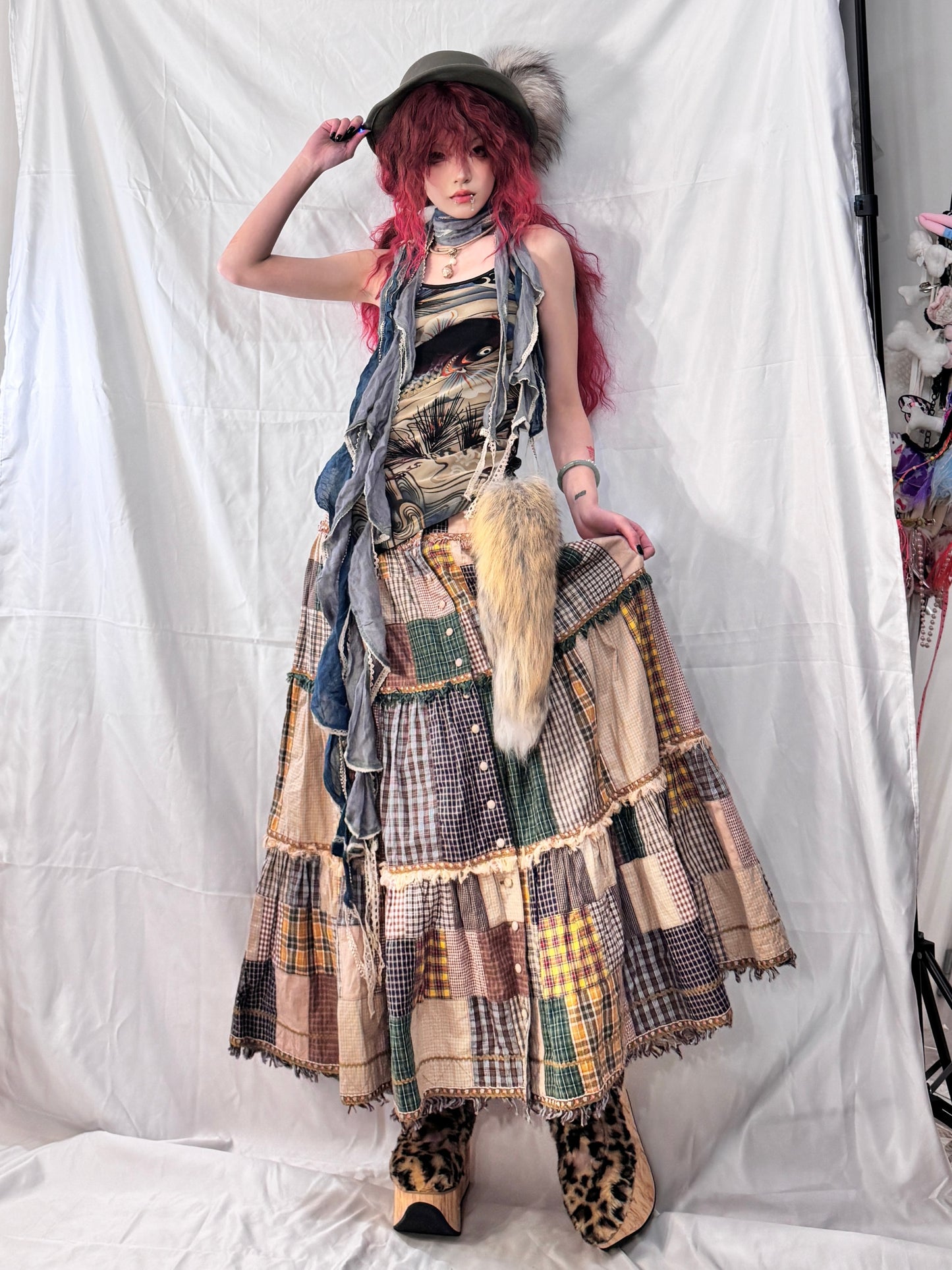 pink house Plaid Patch Maxi Skirt