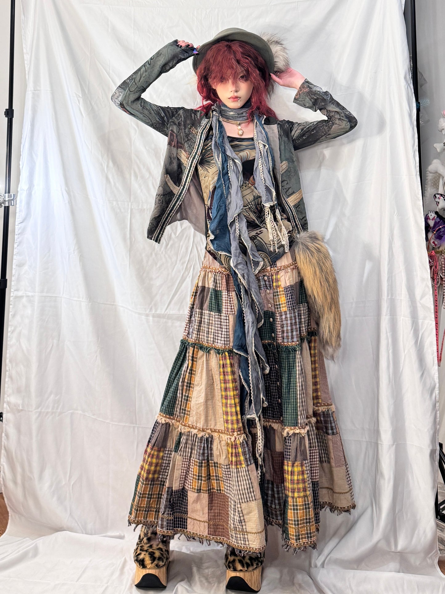 pink house Plaid Patch Maxi Skirt