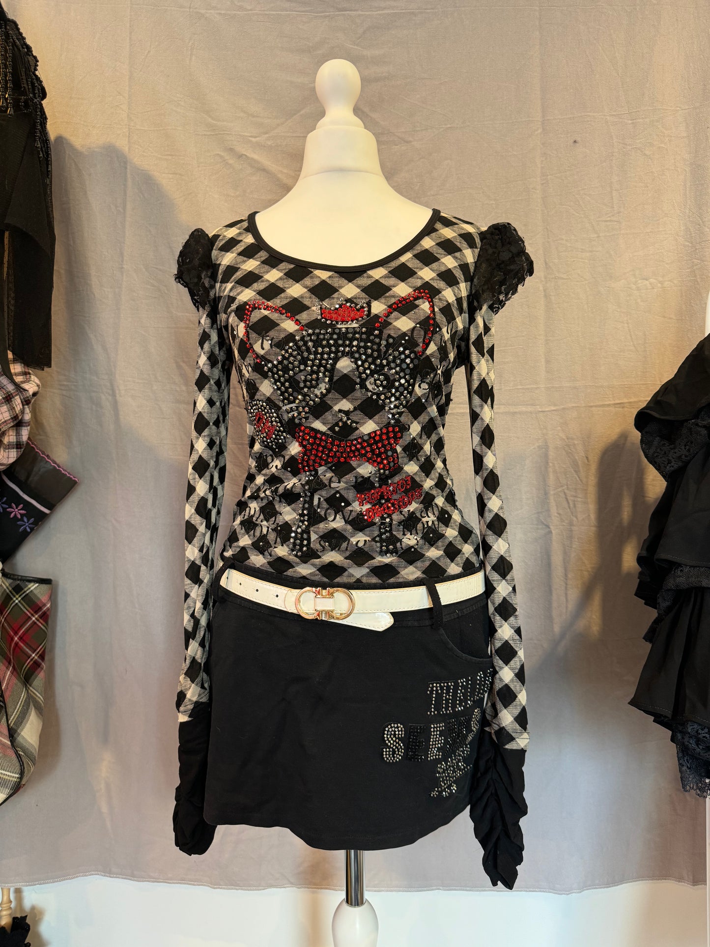 Rhinestone Puppy Print Plaid Long-Sleeves Dress with Belt