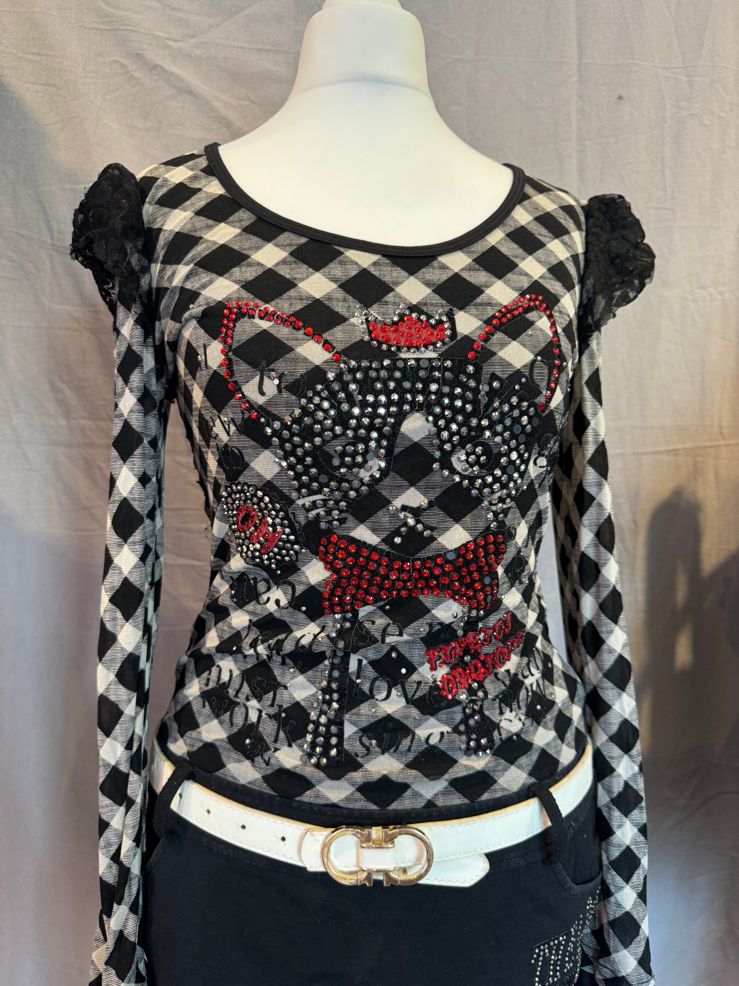 Rhinestone Puppy Print Plaid Long-Sleeves Dress with Belt