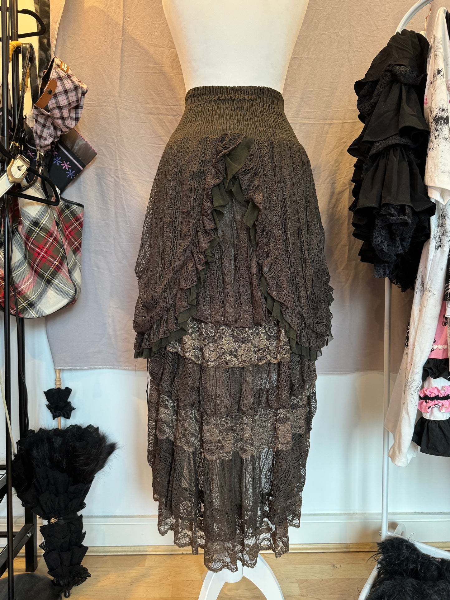OZZ ON Multi-Layers Brown Ruffle Maxi Skirt