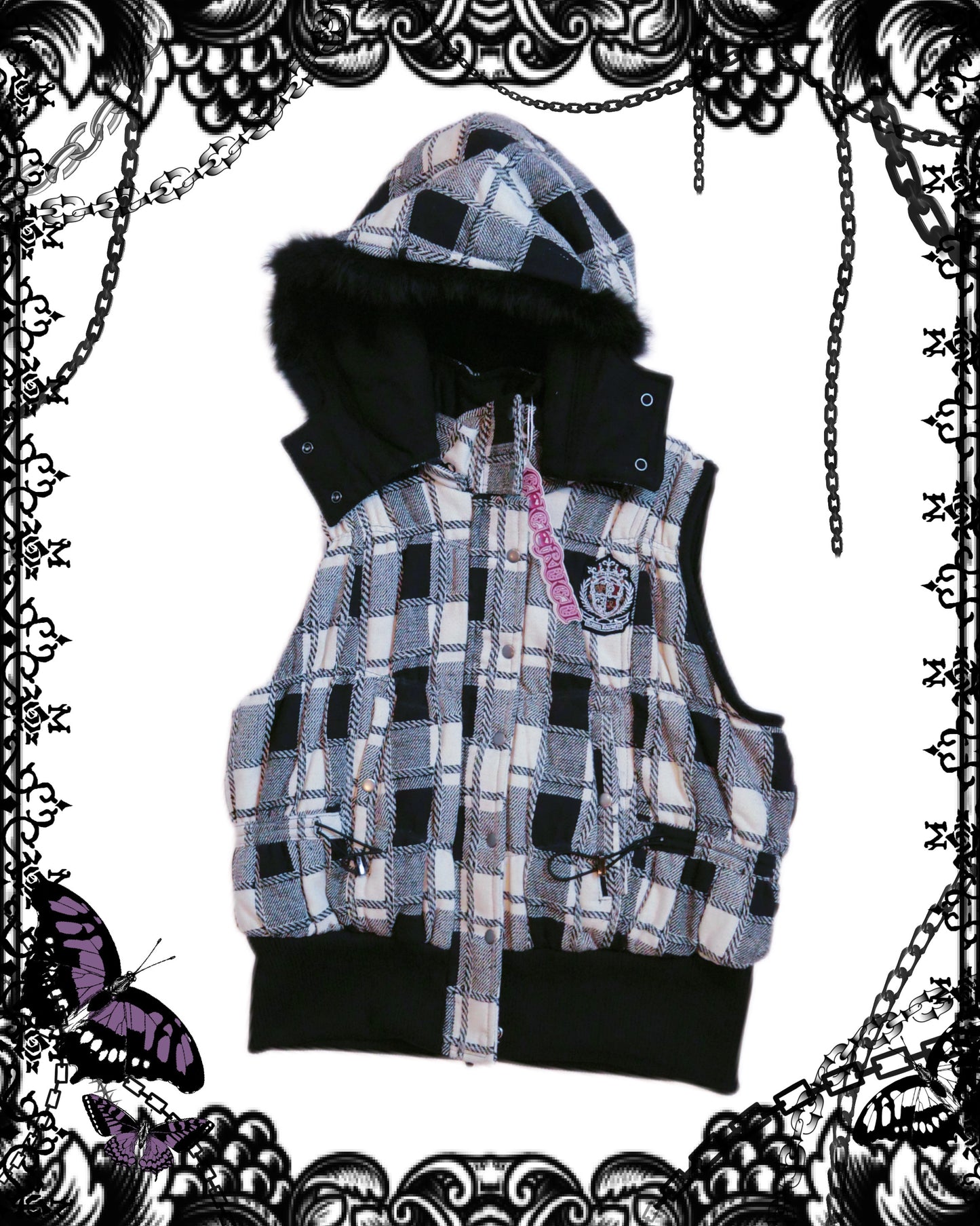 OZZ ON Rozen Kavalier Plaid Sleeveless Fur Hoodie