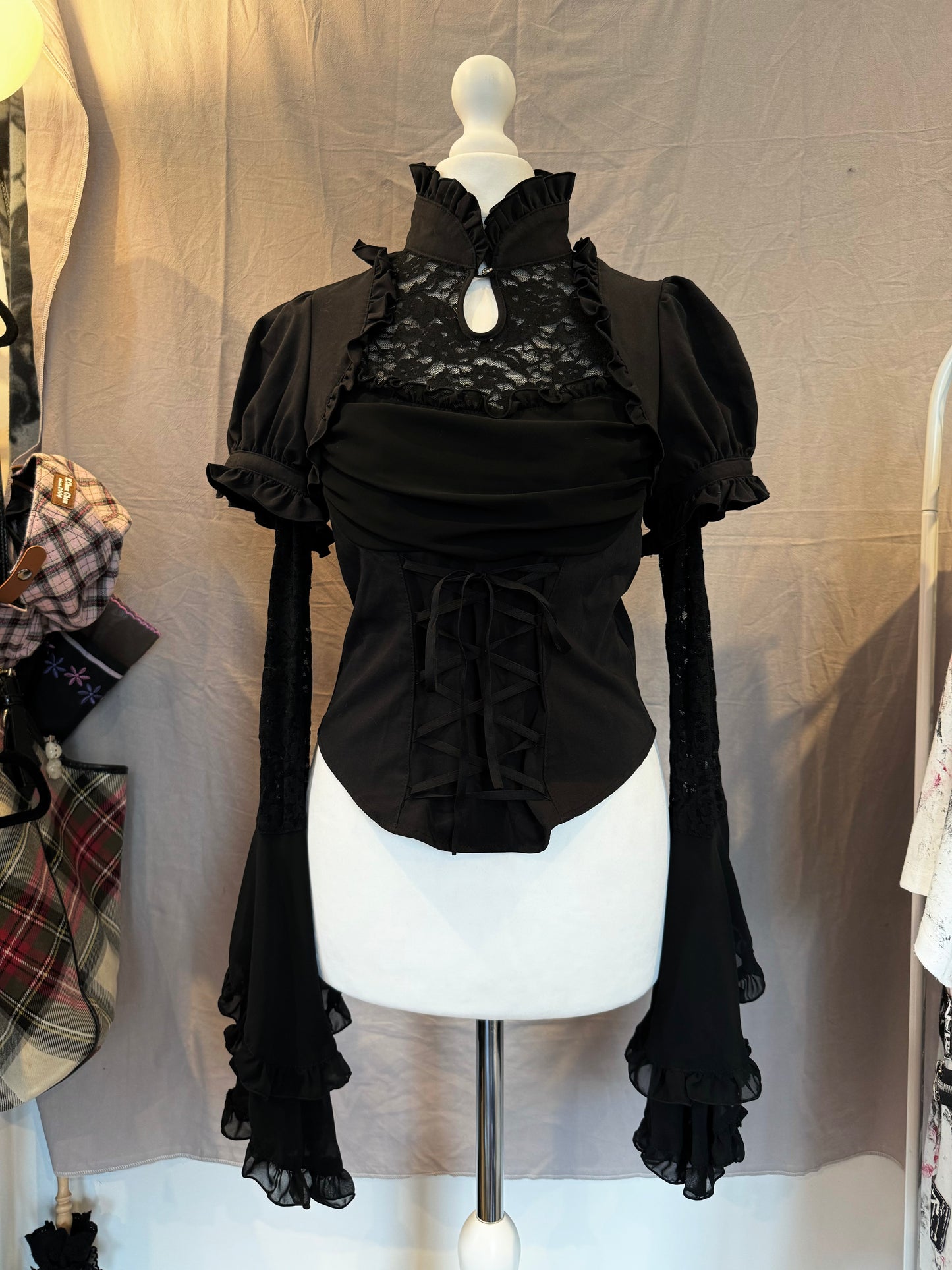 Black Peace Now Qipao-Collar Hime-Sleeves Lace-Up Top