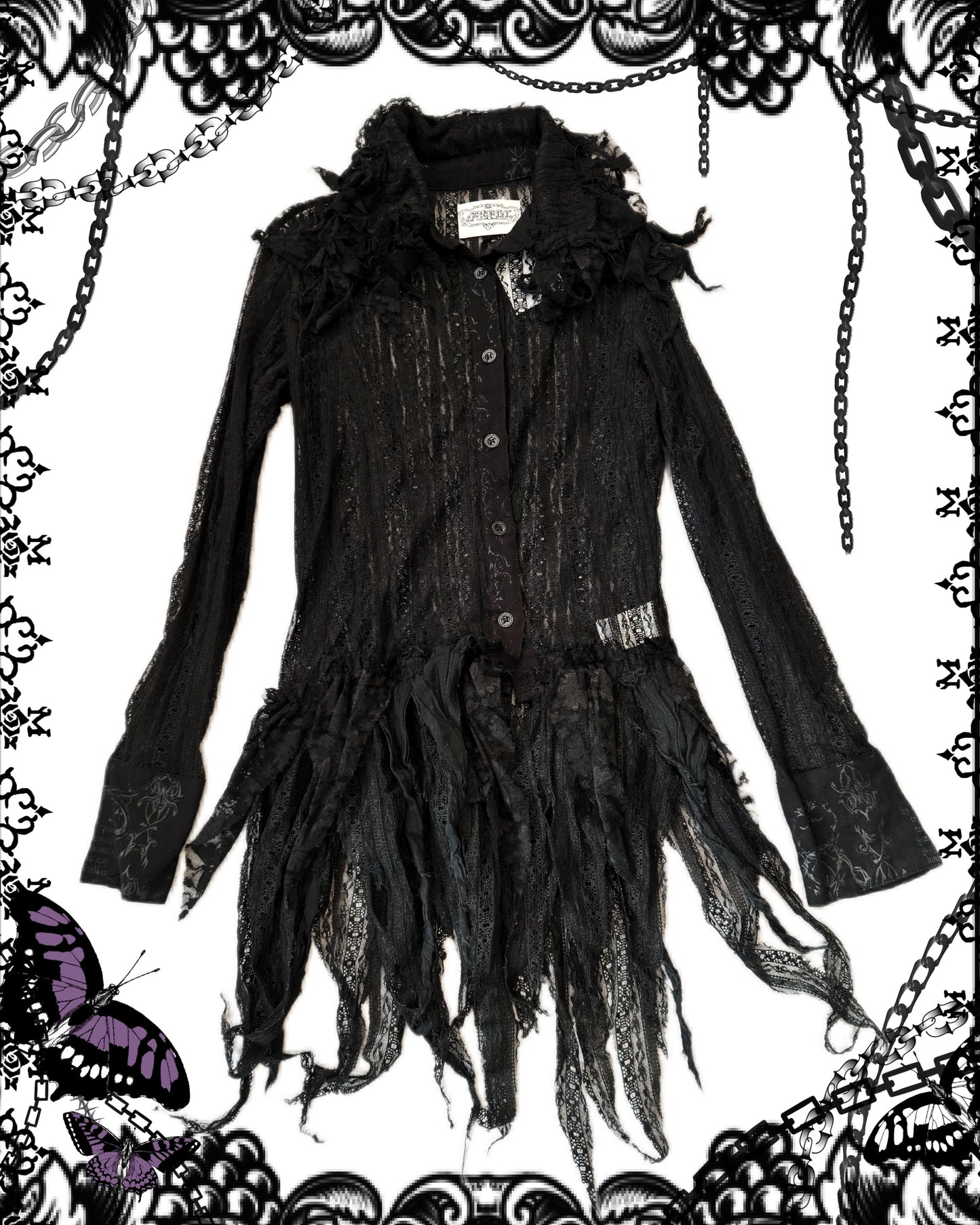 h.Naoto Frill Mesh Button Up