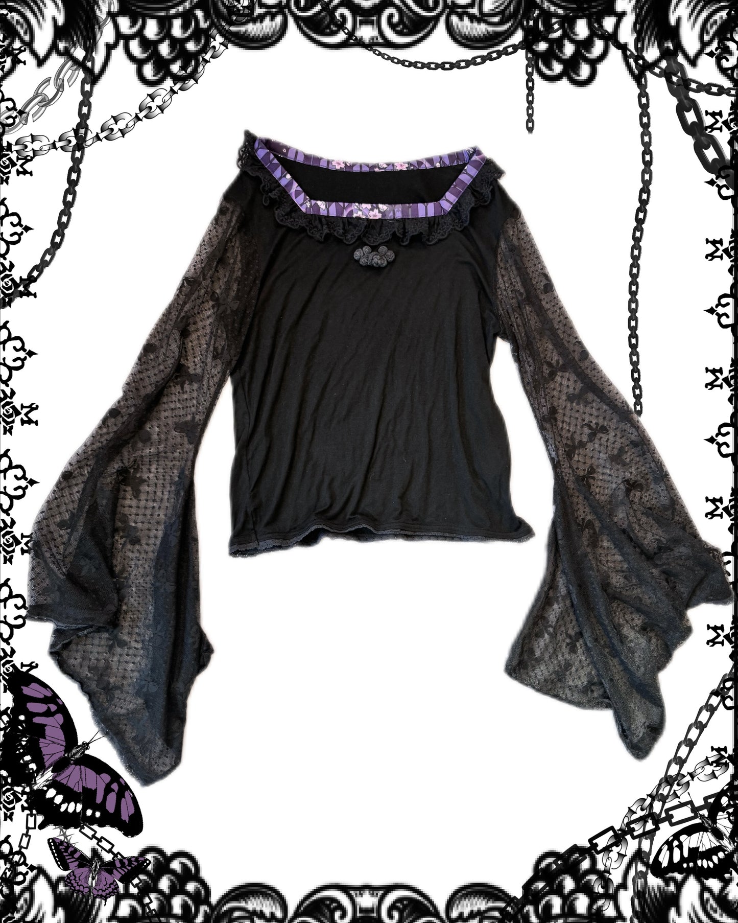 gouk Ribbon Mesh Kimono-Sleeves Top