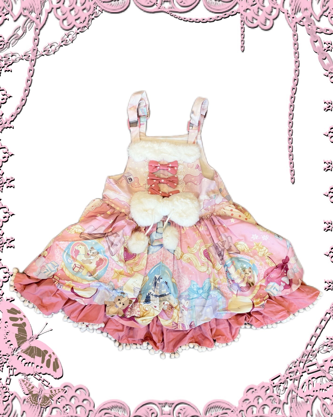 To Alice Crystal Ball Print Fur Bow JSK