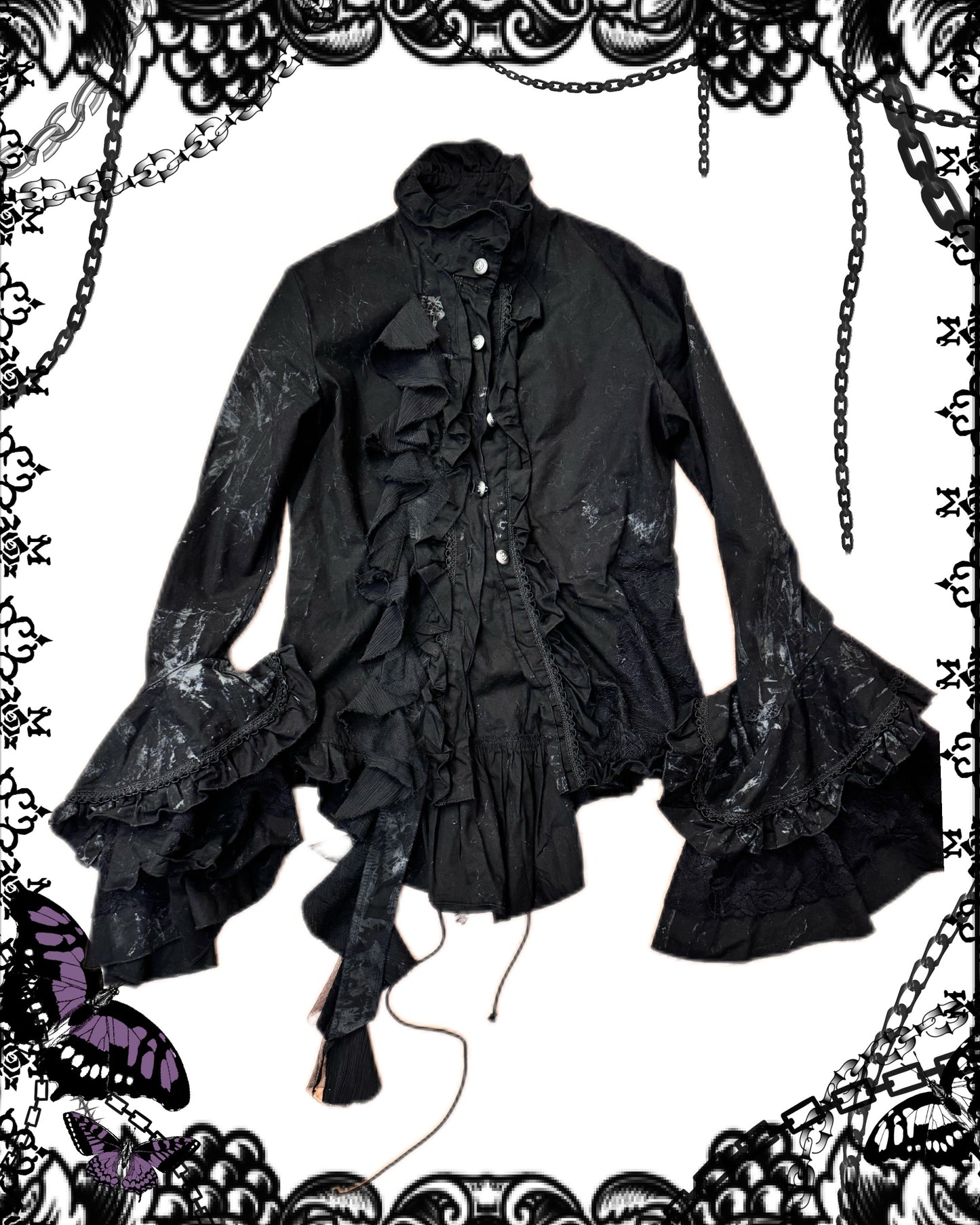 Dark Red Rum Hime-Sleeves Ruffle Button-Up