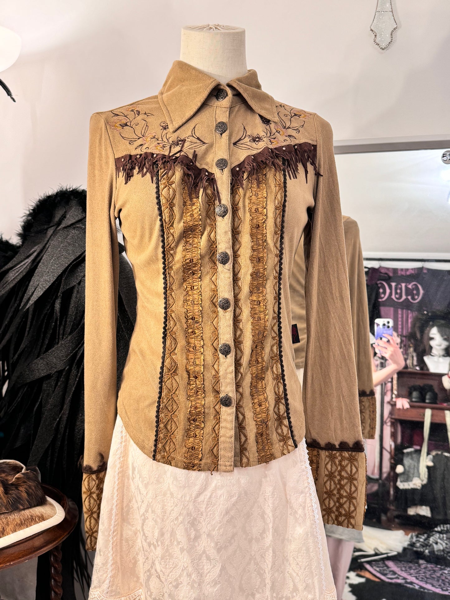 OZZ ON Floral Print Suede Button-Up