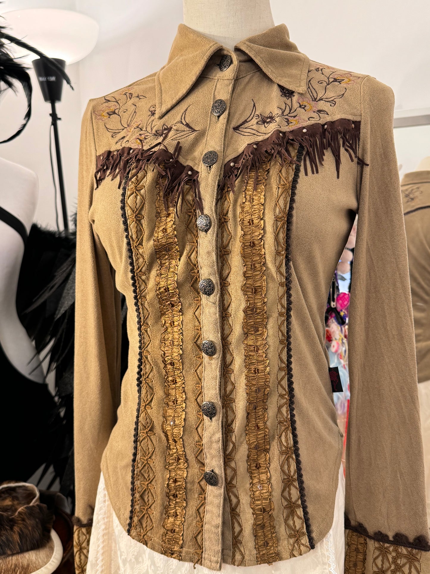OZZ ON Floral Print Suede Button-Up