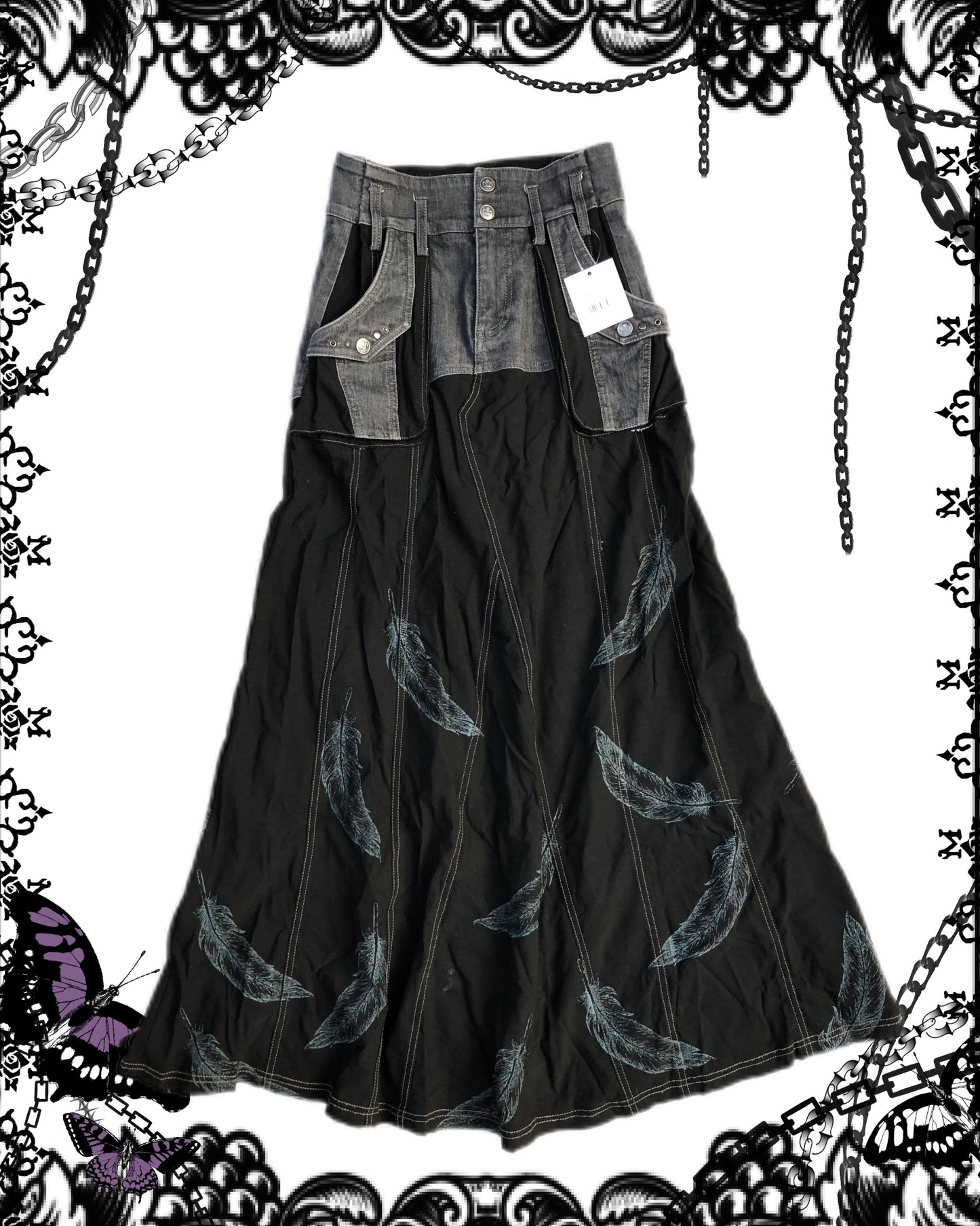 OZZ ON Feather Print Denim Maxi Skirt