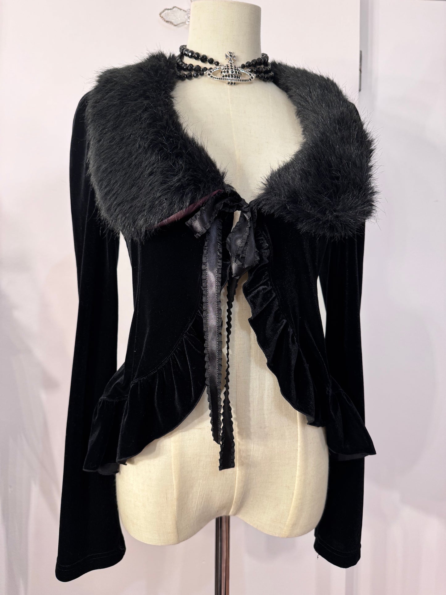 Black Peace Now Fur Collar Velvet Top