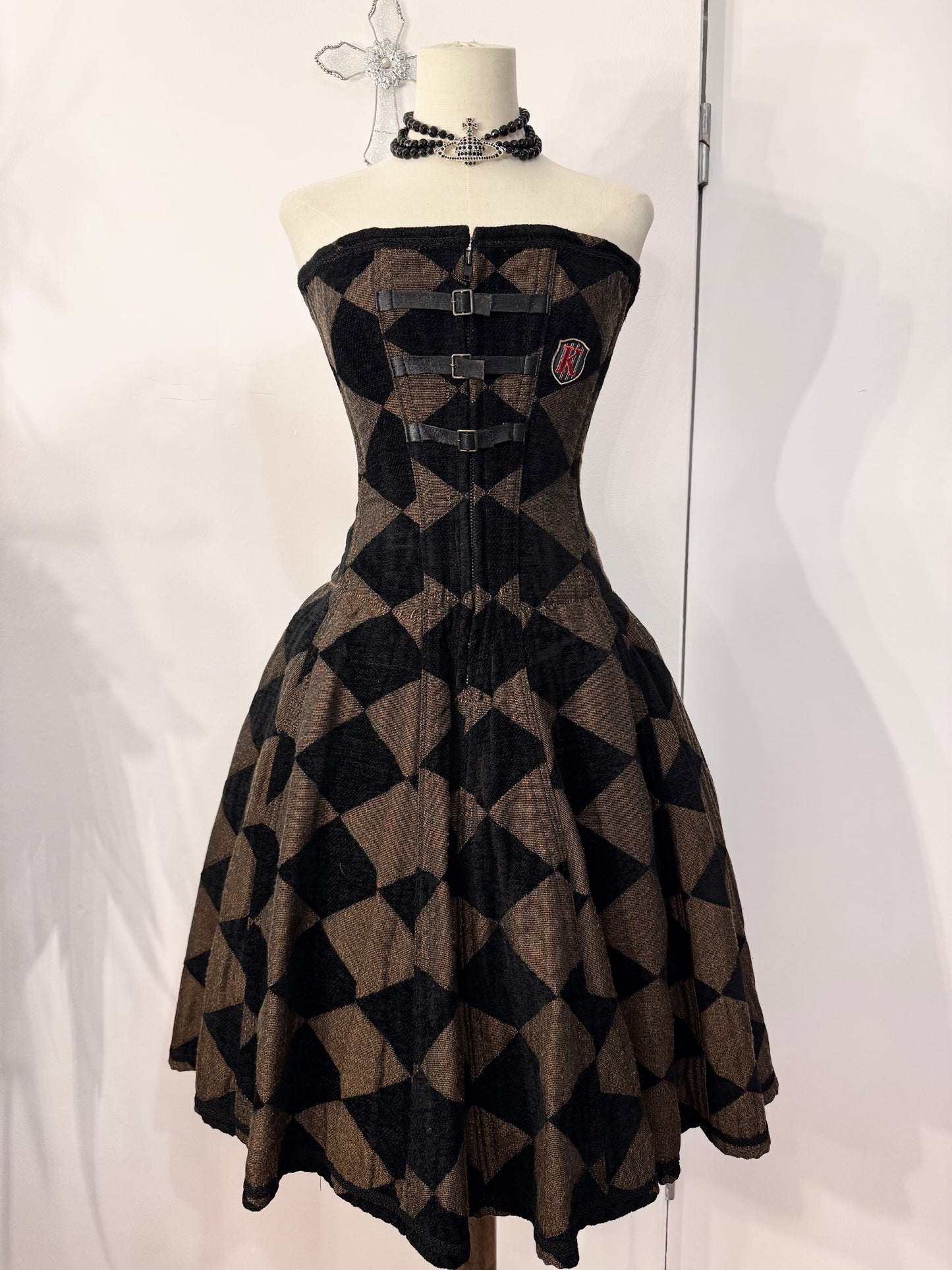Dangerous Nude Checkboard Print Corset Dress