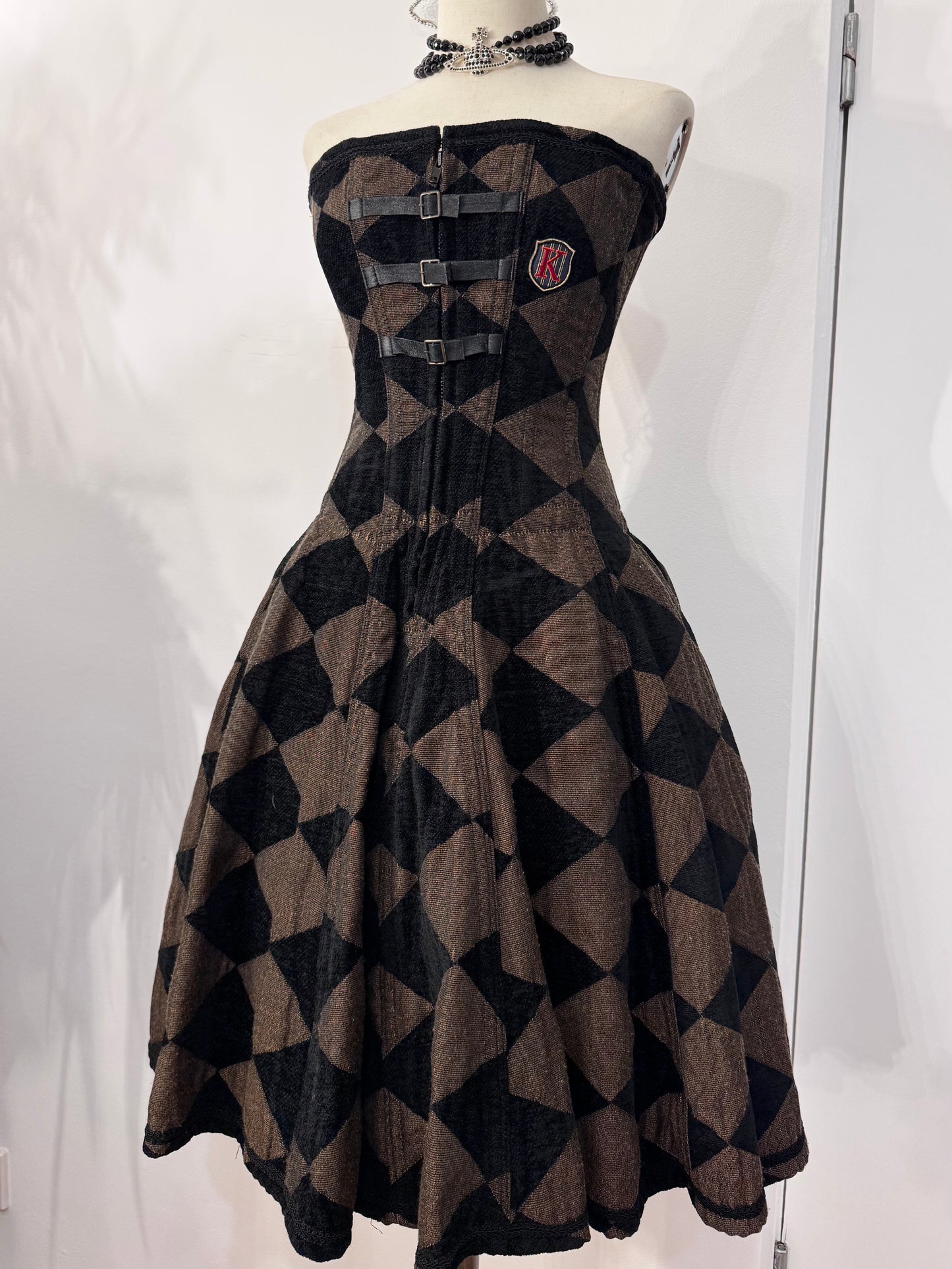 Dangerous Nude Checkboard Print Corset Dress