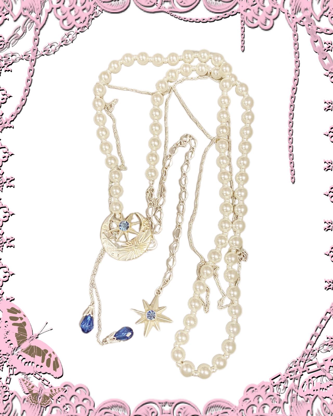 Axes Femme Star and Moon Pendants Pearl Necklace/Chain Belt