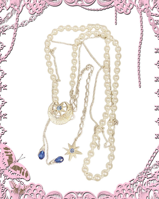 Axes Femme Star and Moon Pendants Pearl Necklace/Chain Belt