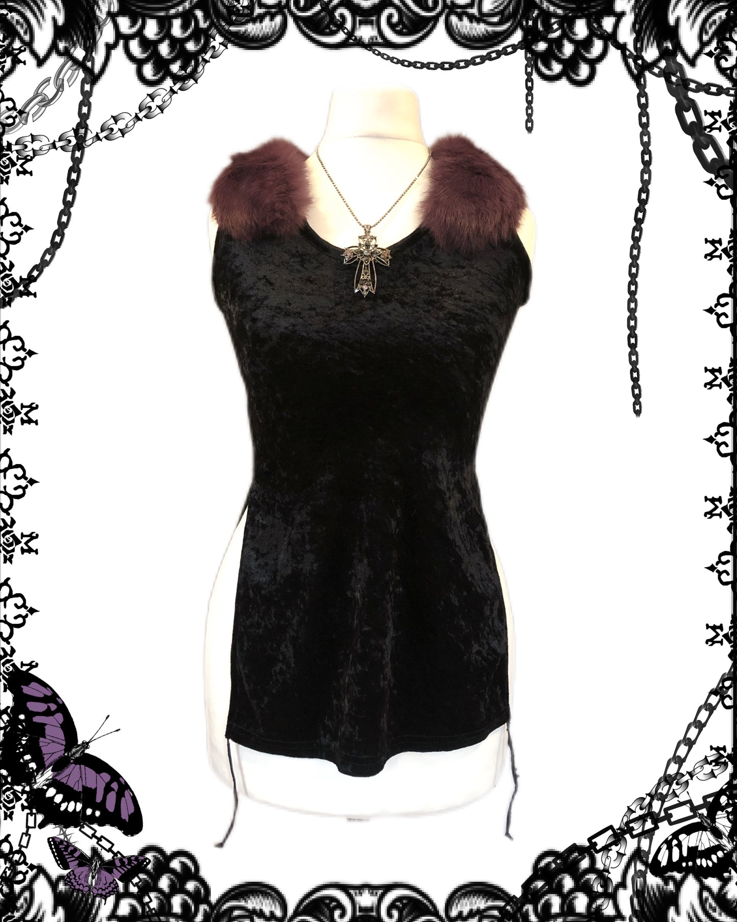 alice auaa Fur Collar Rhinestone Velvet Tank Top