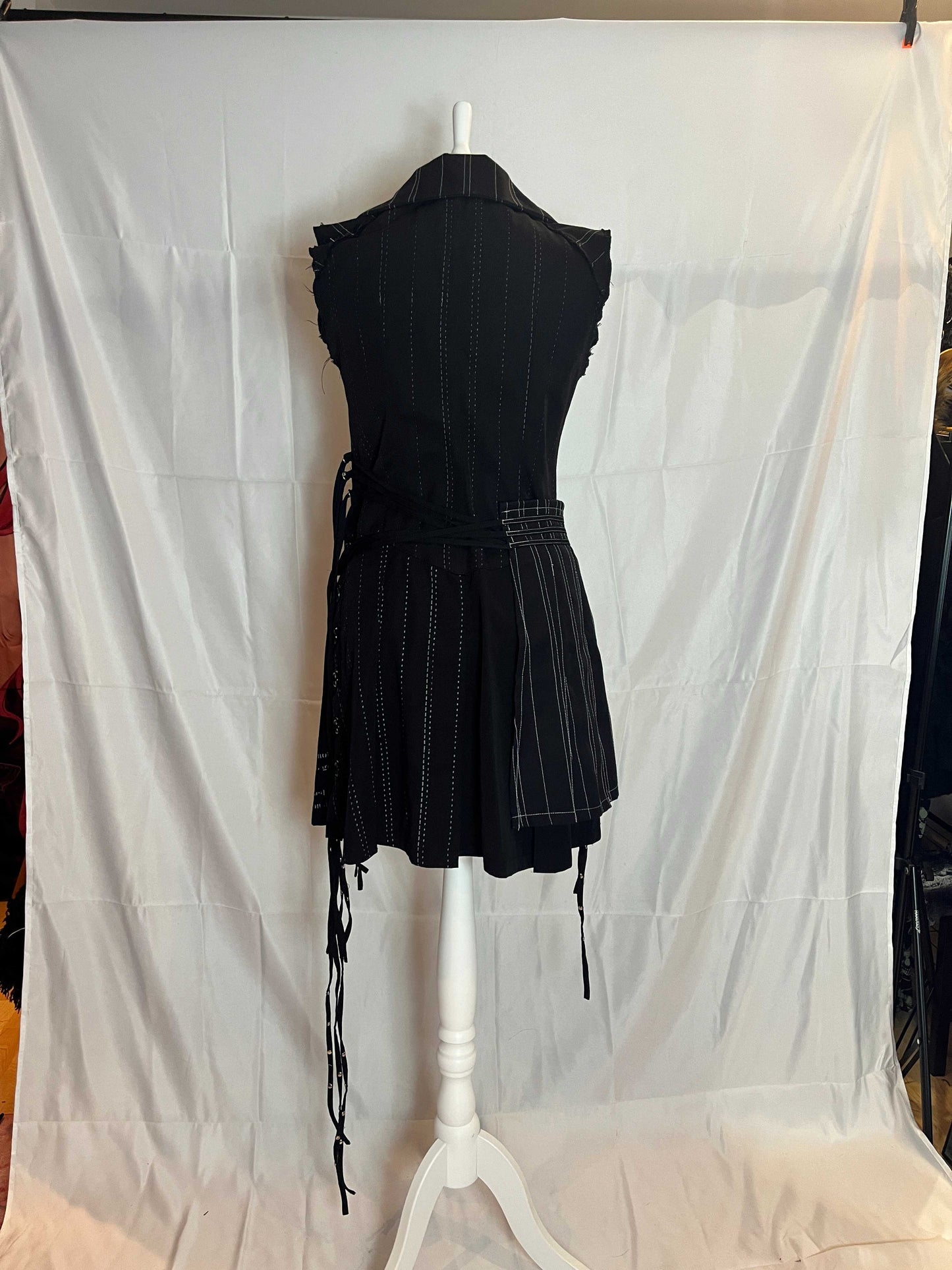 h.Naoto Stripe Vest Dress with Detachable Skirt