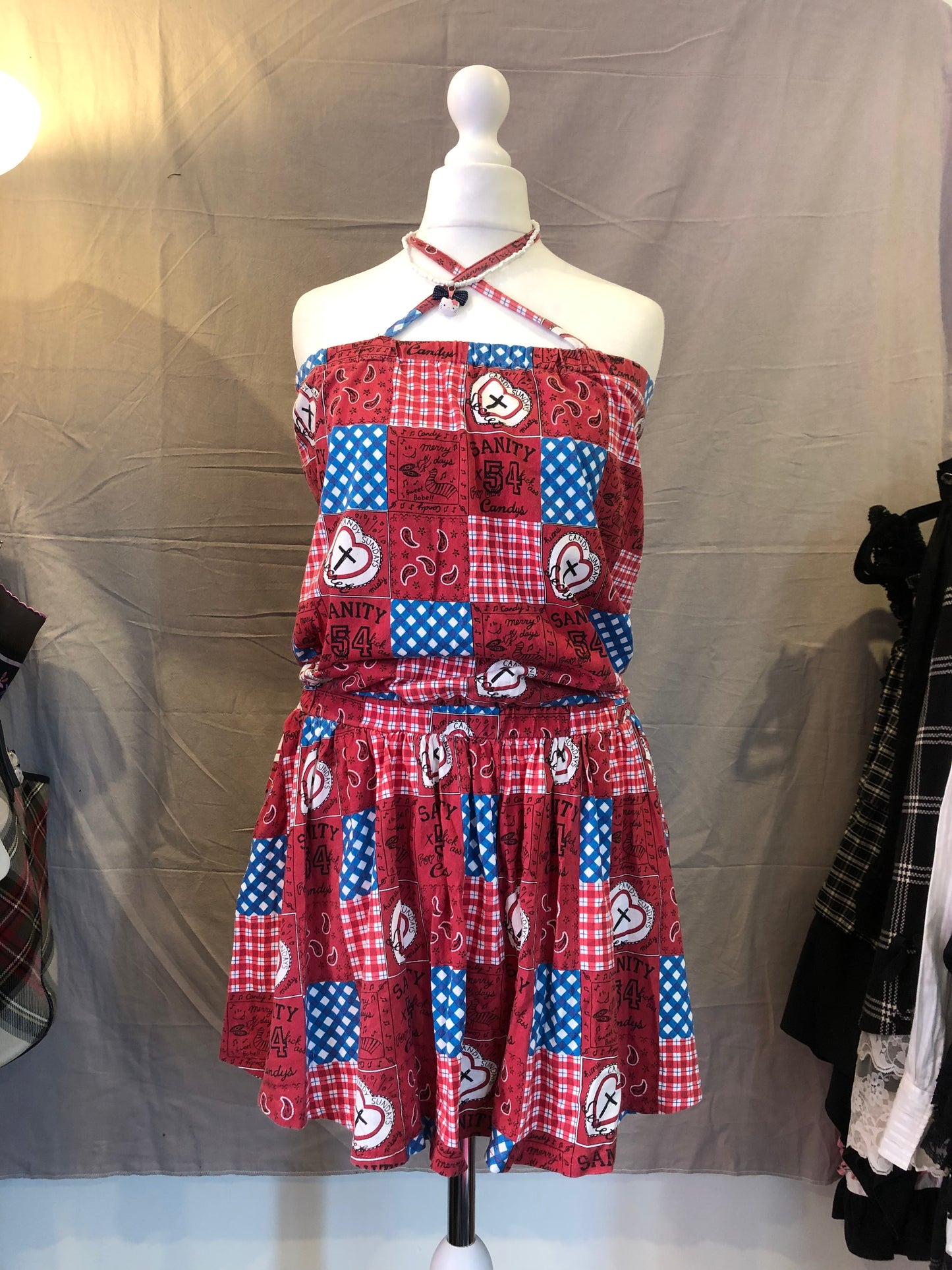 Red Tile Print Halter Top Dress